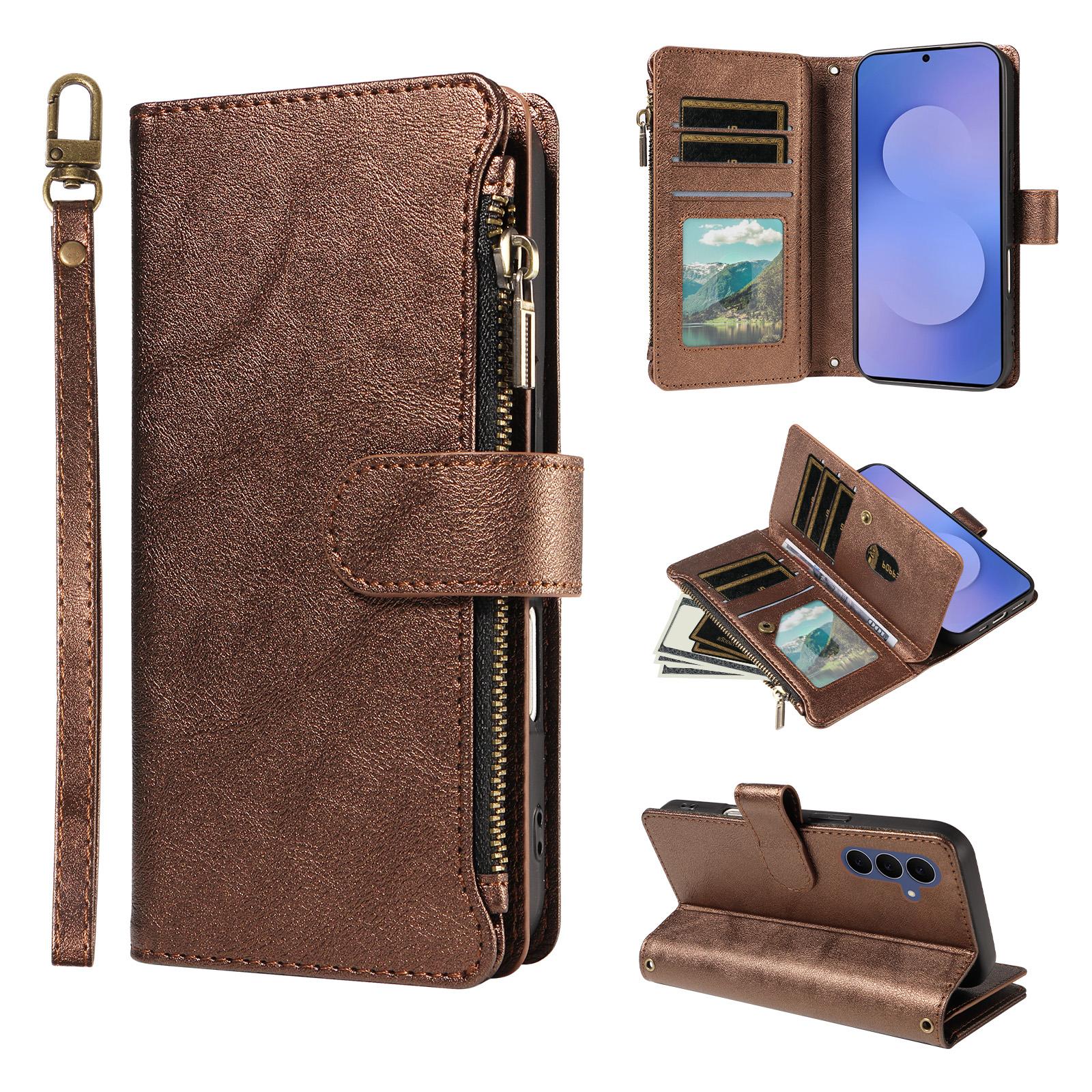 For Galaxy S26 FE 5G Imitation Calf Vegan Leather 9 Card Slots Zipper Phone Case with Wrist Strap(Bronze) - Shopkiz.com