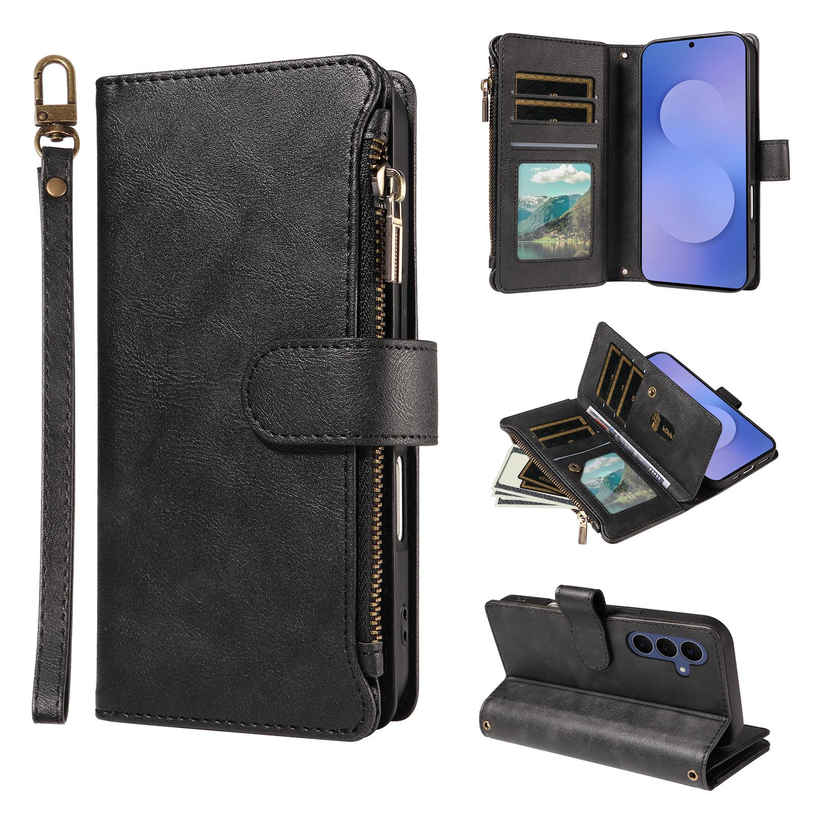 For Galaxy S26 FE 5G Imitation Calf Vegan Leather 9 Card Slots Zipper Phone Case with Wrist Strap(Black) - Shopkiz.com