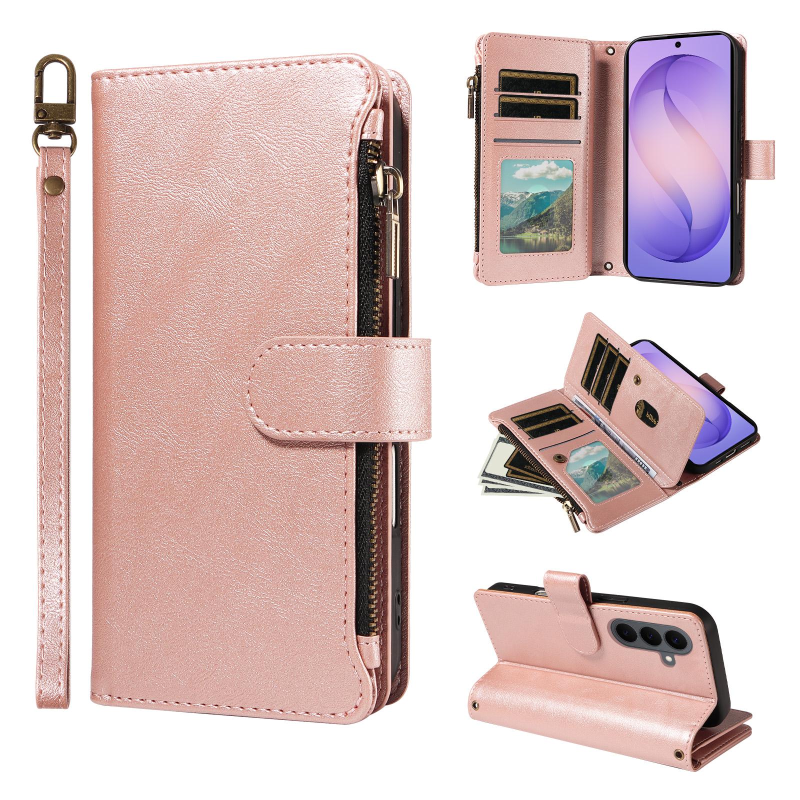 For Galaxy S26+ 5G Imitation Calf Vegan Leather 9 Card Slots Zipper Phone Case with Wrist Strap(Rose Gold) - Shopkiz.com