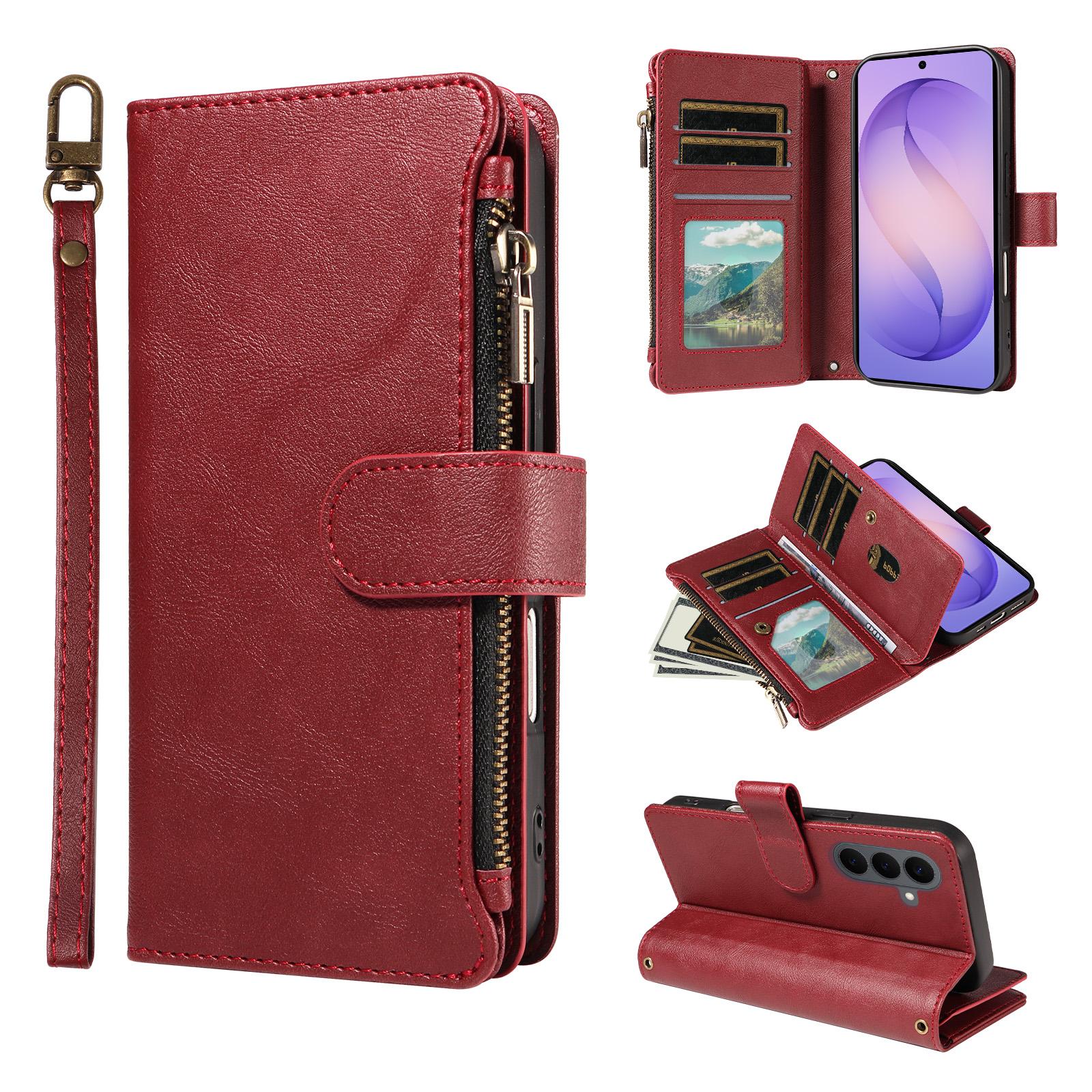 For Galaxy S26+ 5G Imitation Calf Vegan Leather 9 Card Slots Zipper Phone Case with Wrist Strap(Red) - Shopkiz.com