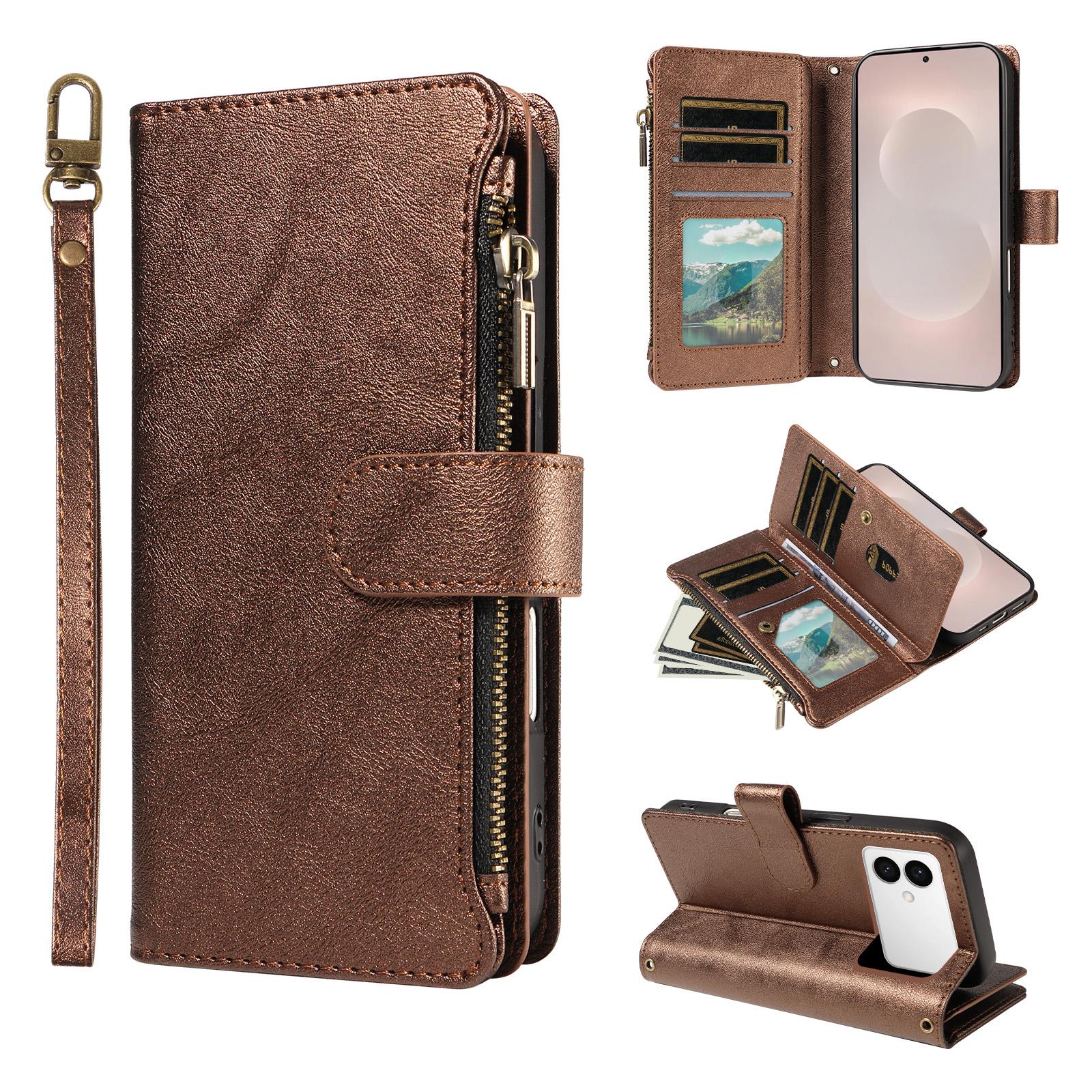For Galaxy S26 Edge 5G Imitation Calf Vegan Leather 9 Card Slots Zipper Phone Case with Wrist Strap(Bronze) - Shopkiz.com