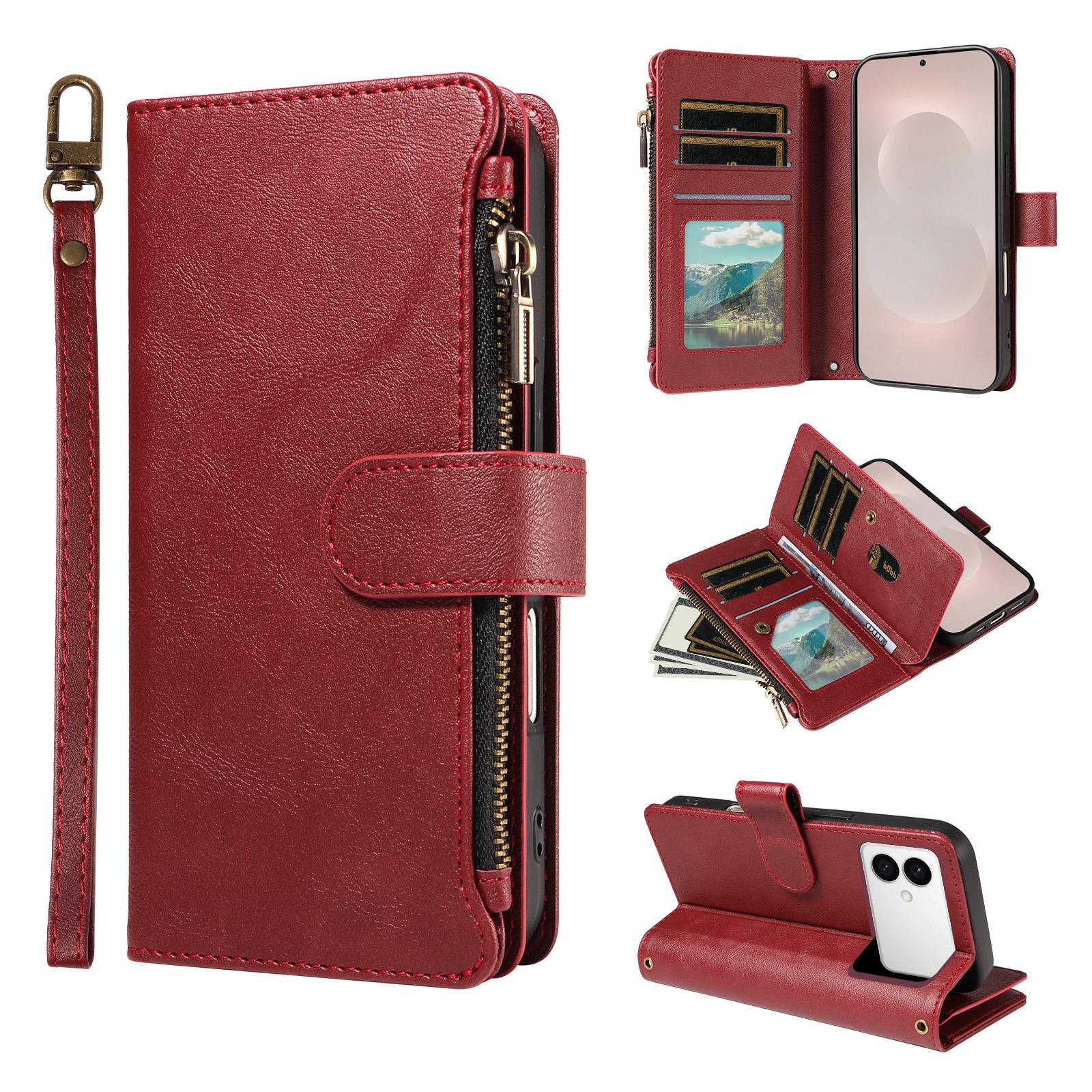 For Galaxy S26 Edge 5G Imitation Calf Vegan Leather 9 Card Slots Zipper Phone Case with Wrist Strap(Red) - Shopkiz.com