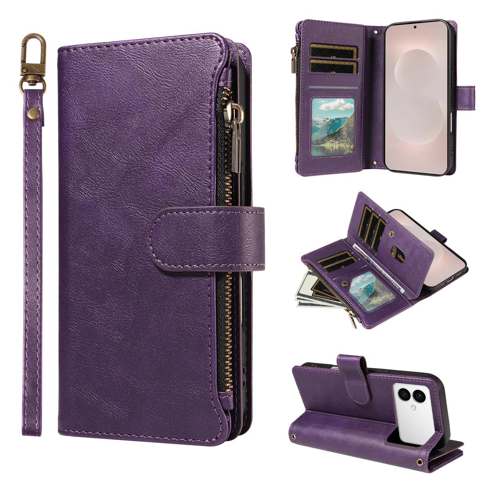 For Galaxy S26 Edge 5G Imitation Calf Vegan Leather 9 Card Slots Zipper Phone Case with Wrist Strap(Purple) - Shopkiz.com