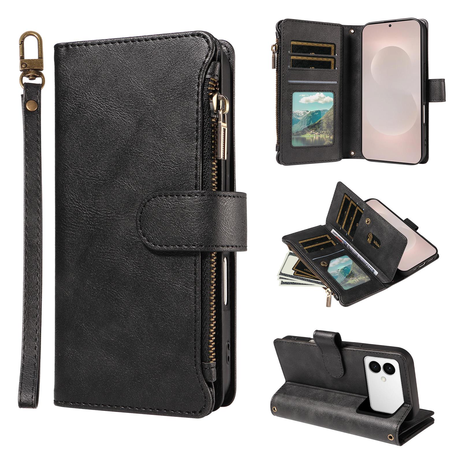 For Galaxy S26 Edge 5G Imitation Calf Vegan Leather 9 Card Slots Zipper Phone Case with Wrist Strap(Black) - Shopkiz.com