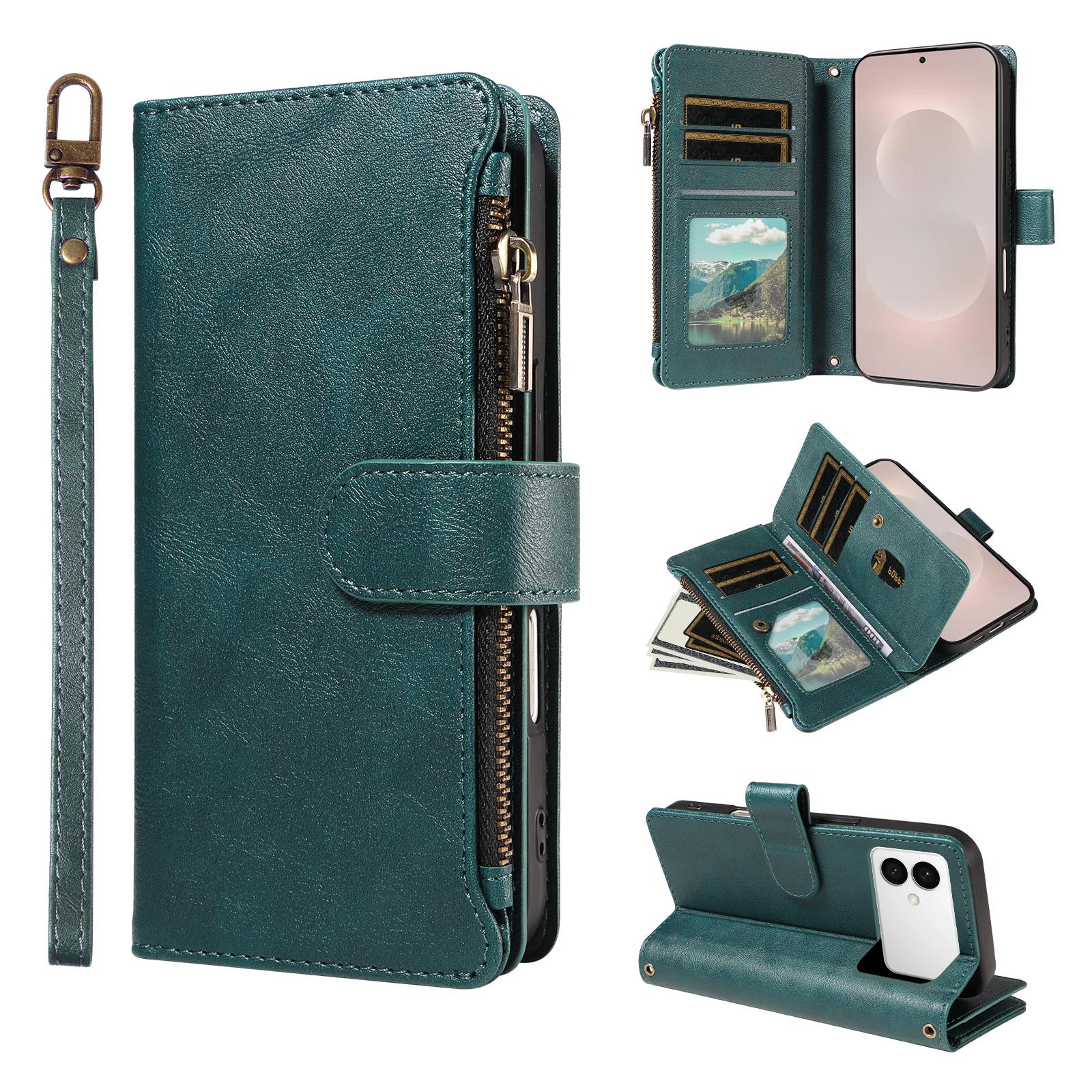 For Galaxy S26 Edge 5G Imitation Calf Vegan Leather 9 Card Slots Zipper Phone Case with Wrist Strap(Green) - Shopkiz.com