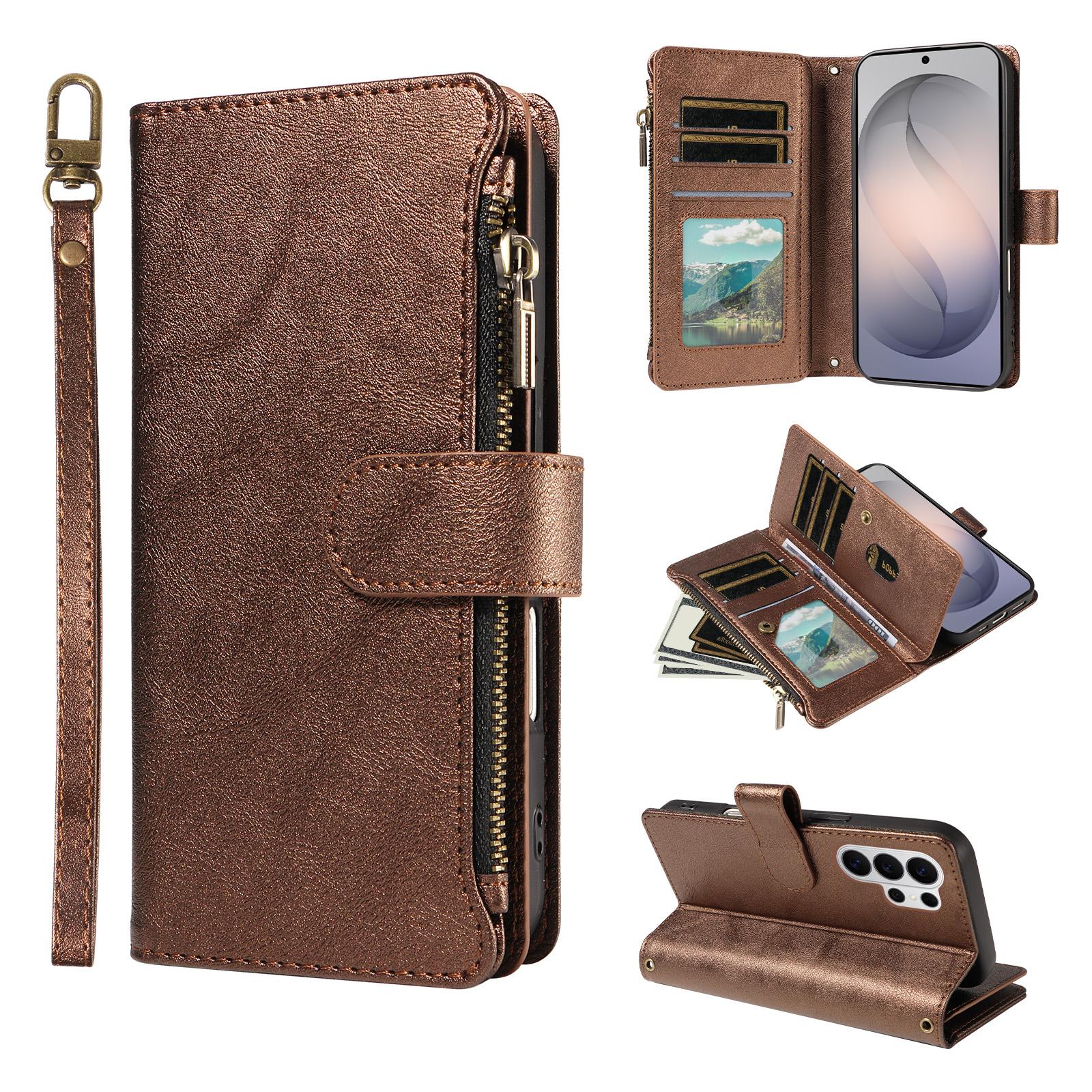For Galaxy S26 Ultra 5G Imitation Calf Vegan Leather 9 Card Slots Zipper Phone Case with Wrist Strap(Bronze) - Shopkiz.com