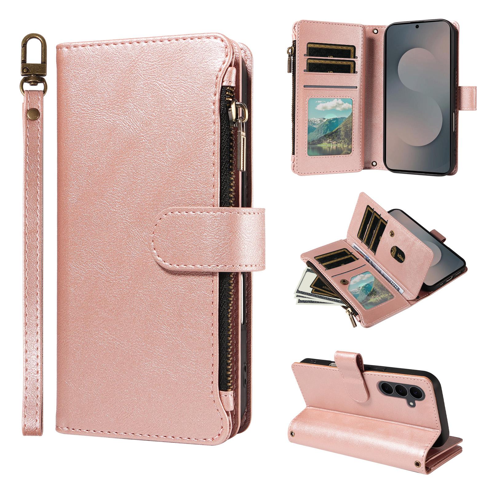 For Galaxy S25 FE 5G Imitation Calf Vegan Leather 9 Card Slots Zipper Phone Case with Wrist Strap(Rose Gold) - Shopkiz.com