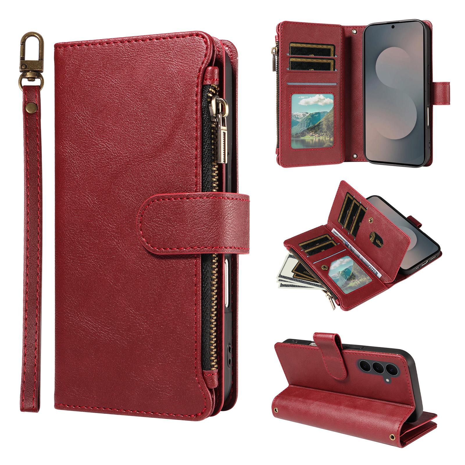 For Galaxy S25 FE 5G Imitation Calf Vegan Leather 9 Card Slots Zipper Phone Case with Wrist Strap(Red) - Shopkiz.com
