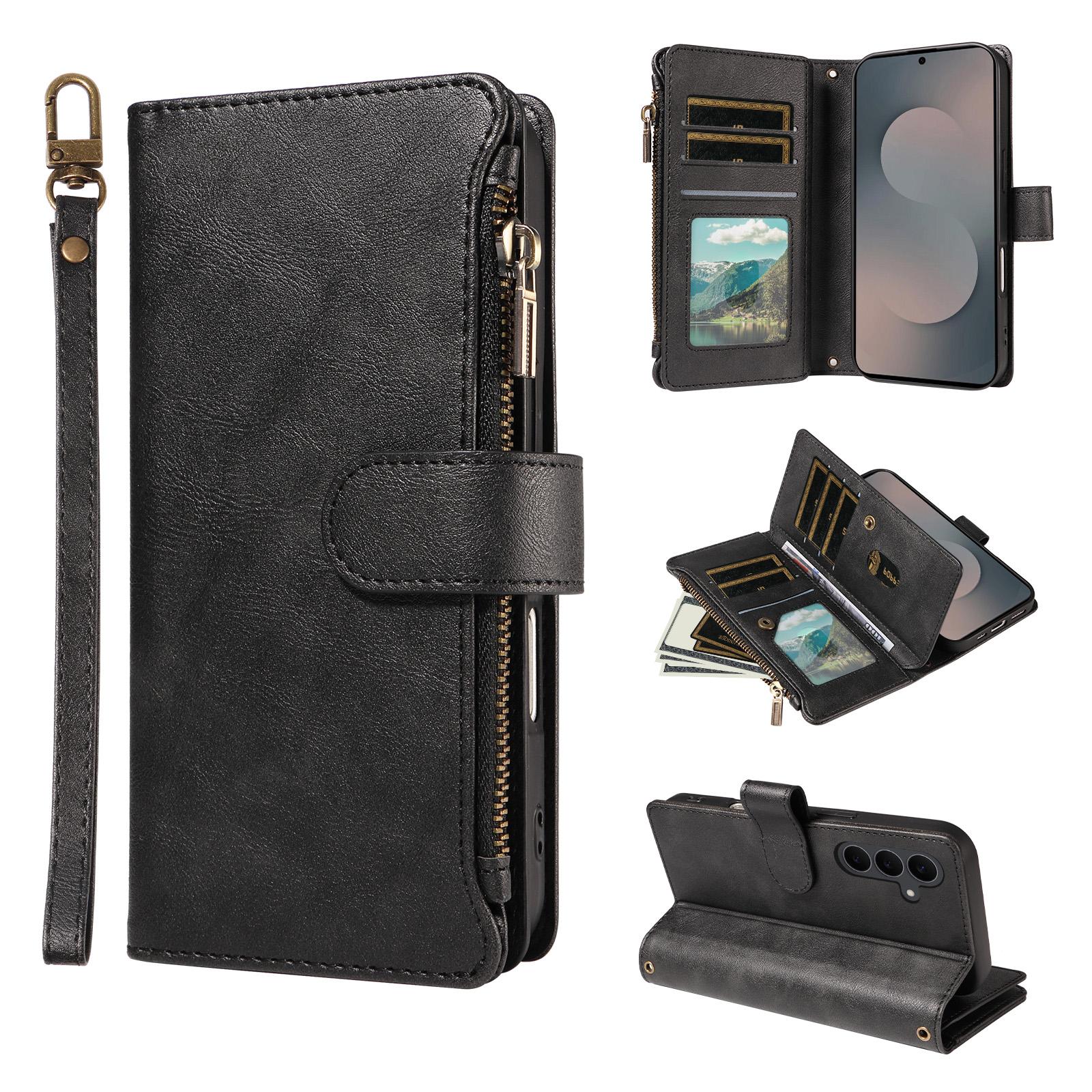 For Galaxy S25 FE 5G Imitation Calf Vegan Leather 9 Card Slots Zipper Phone Case with Wrist Strap(Black) - Shopkiz.com