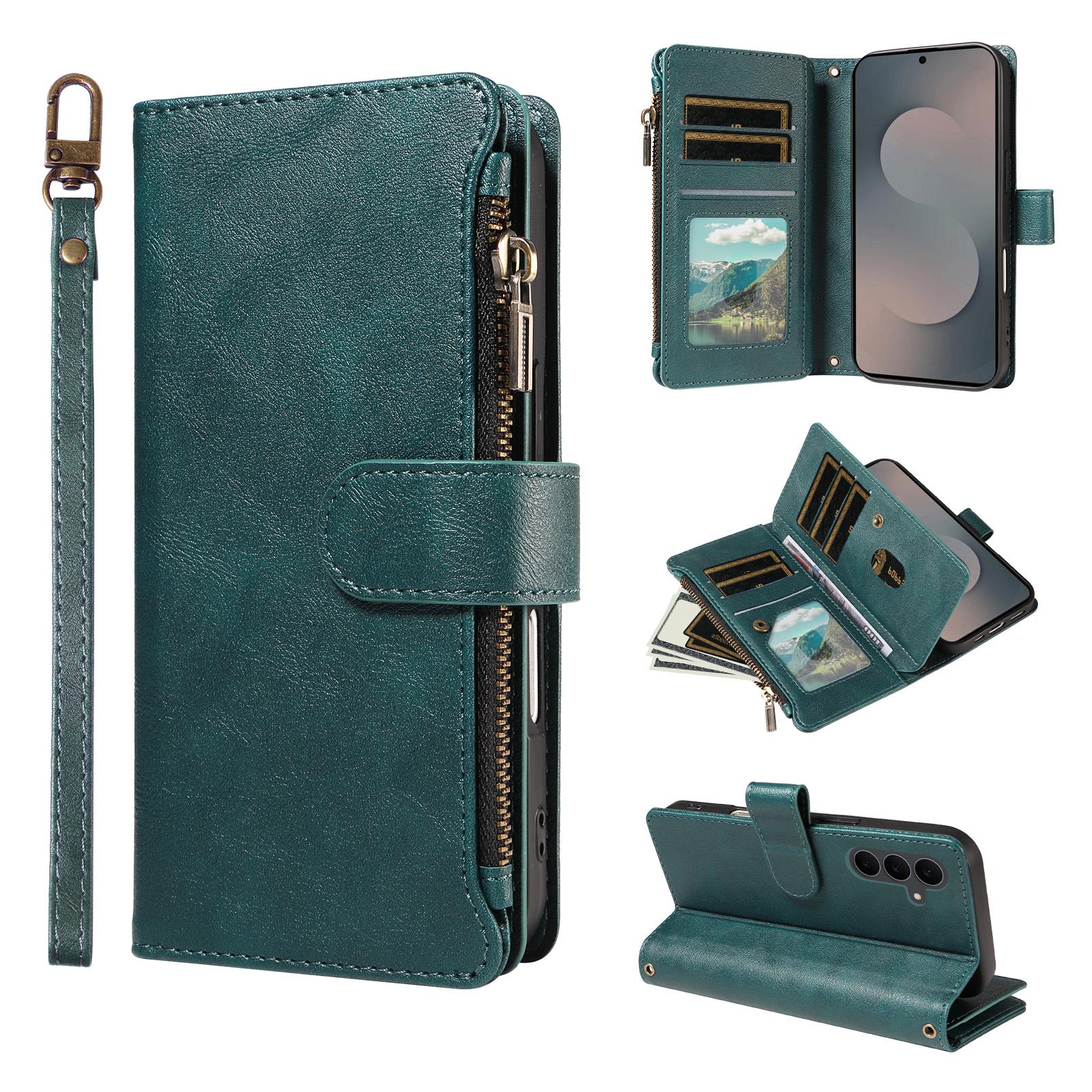 For Galaxy S25 FE 5G Imitation Calf Vegan Leather 9 Card Slots Zipper Phone Case with Wrist Strap(Green) - Shopkiz.com