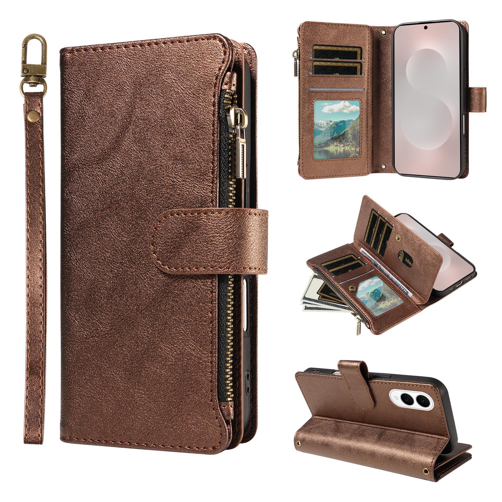For Galaxy S25 Edge 5G Imitation Calf Vegan Leather 9 Card Slots Zipper Phone Case with Wrist Strap(Bronze) - Shopkiz.com