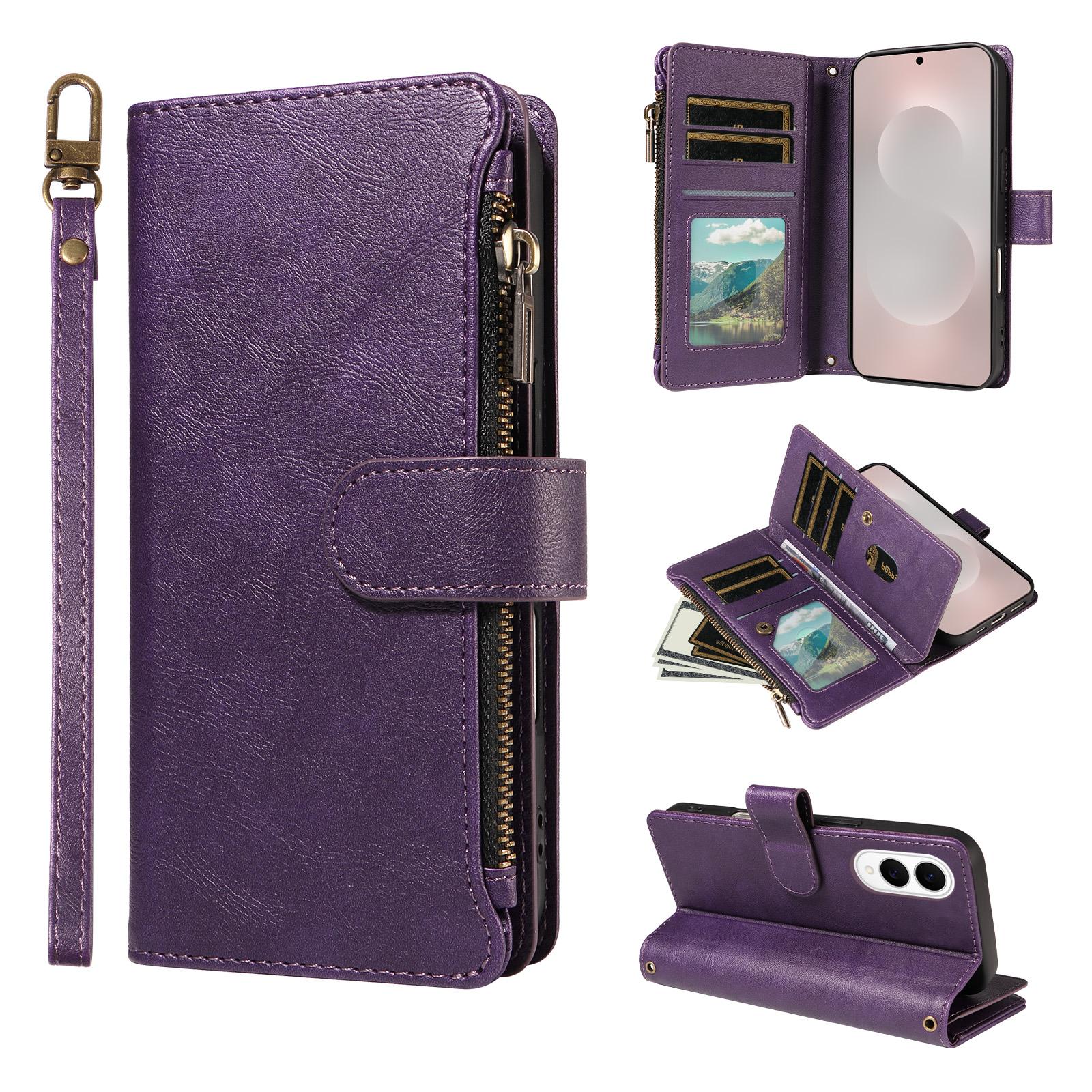 For Galaxy S25 Edge 5G Imitation Calf Vegan Leather 9 Card Slots Zipper Phone Case with Wrist Strap(Purple) - Shopkiz.com