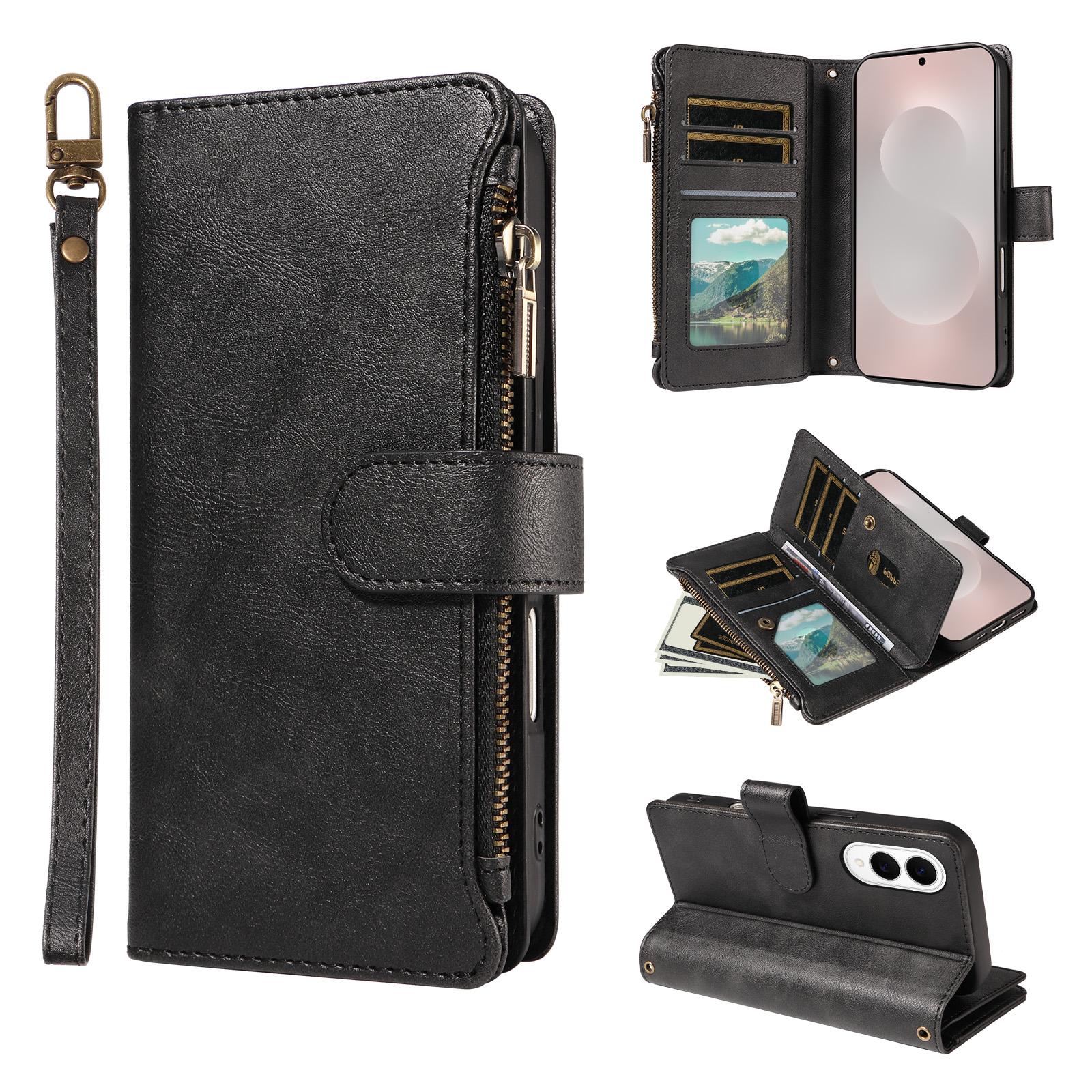 For Galaxy S25 Edge 5G Imitation Calf Vegan Leather 9 Card Slots Zipper Phone Case with Wrist Strap(Black) - Shopkiz.com