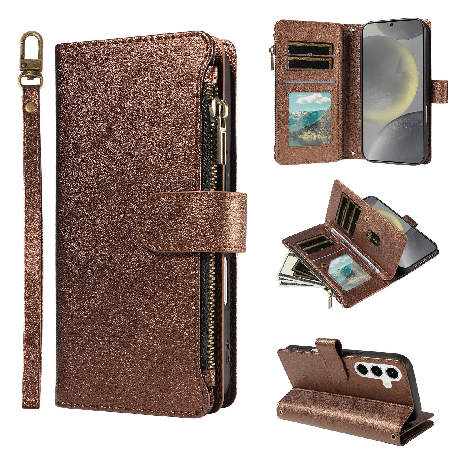 For Galaxy S25 / S24 5G Imitation Calf Vegan Leather 9 Card Slots Zipper Phone Case with Wrist Strap(Bronze) - Shopkiz.com