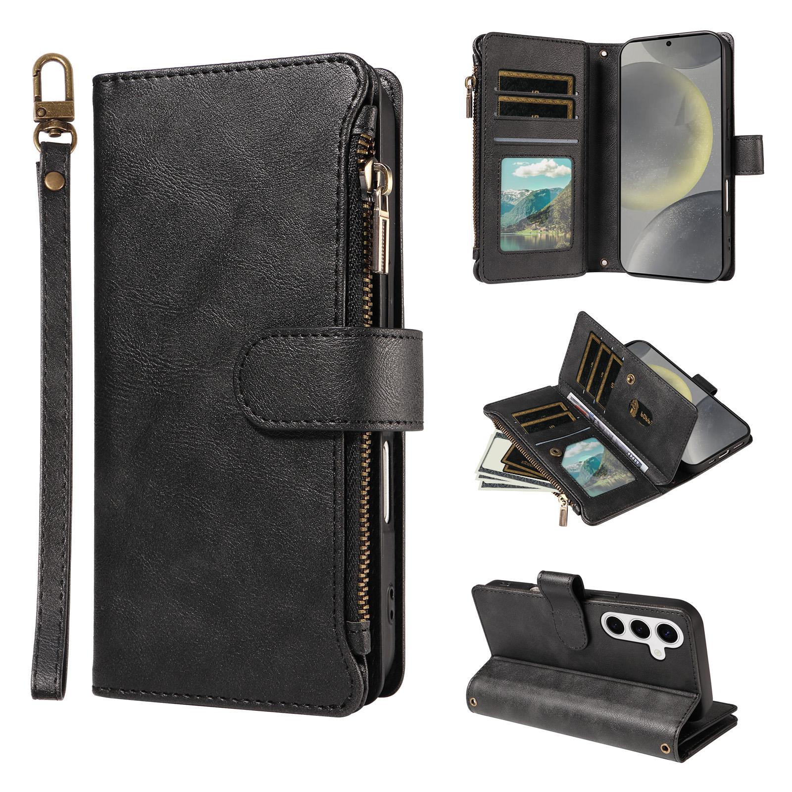 For Galaxy S25 / S24 5G Imitation Calf Vegan Leather 9 Card Slots Zipper Phone Case with Wrist Strap(Black) - Shopkiz.com