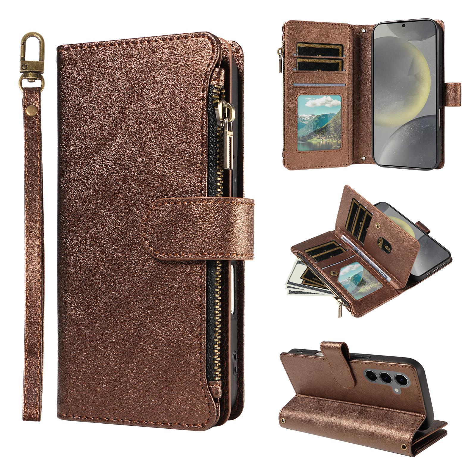 For Galaxy S25+ / S24+ 5G Imitation Calf Vegan Leather 9 Card Slots Zipper Phone Case with Wrist Strap(Bronze) - Shopkiz.com