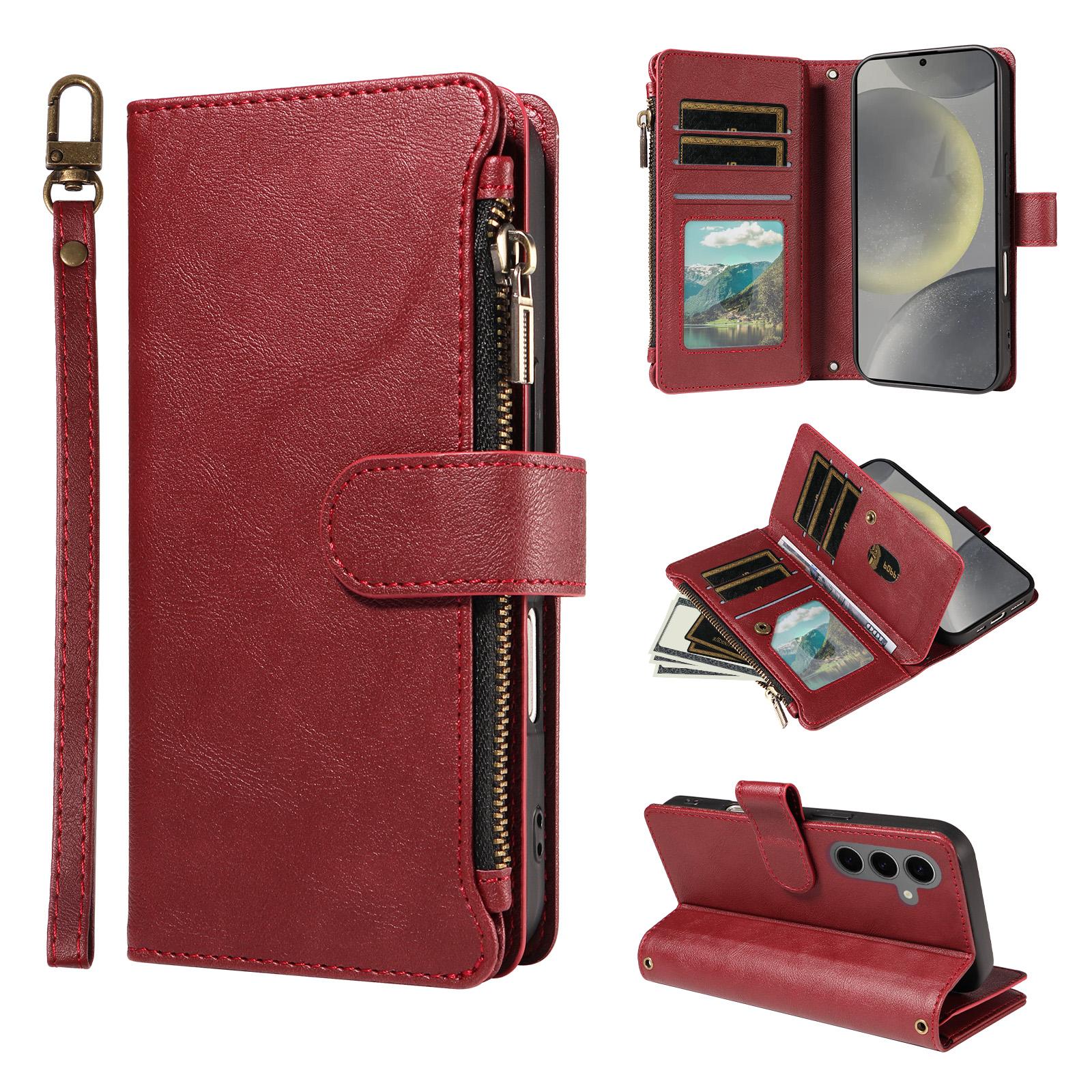 For Galaxy S25+ / S24+ 5G Imitation Calf Vegan Leather 9 Card Slots Zipper Phone Case with Wrist Strap(Red) - Shopkiz.com