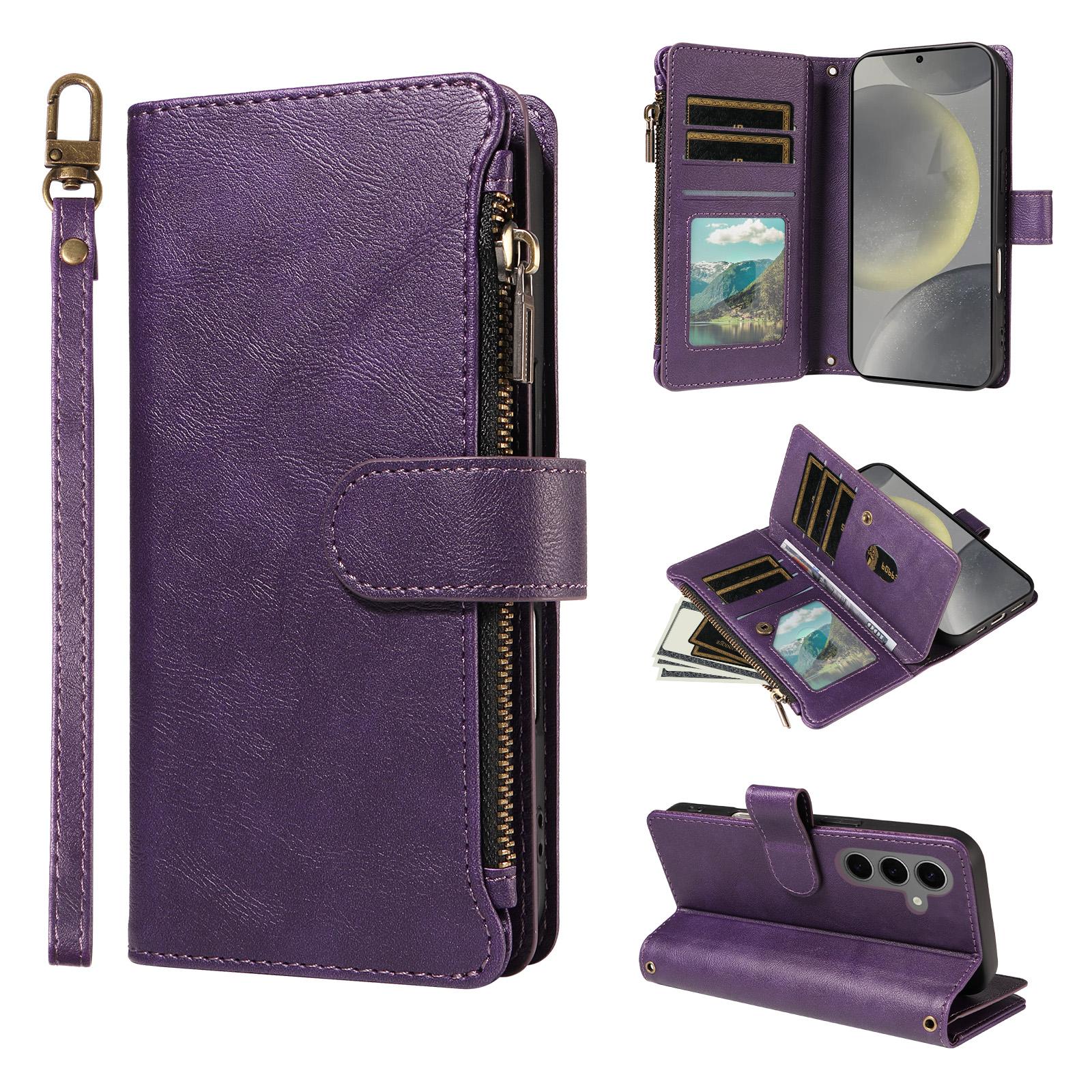 For Galaxy S25+ / S24+ 5G Imitation Calf Vegan Leather 9 Card Slots Zipper Phone Case with Wrist Strap(Purple) - Shopkiz.com