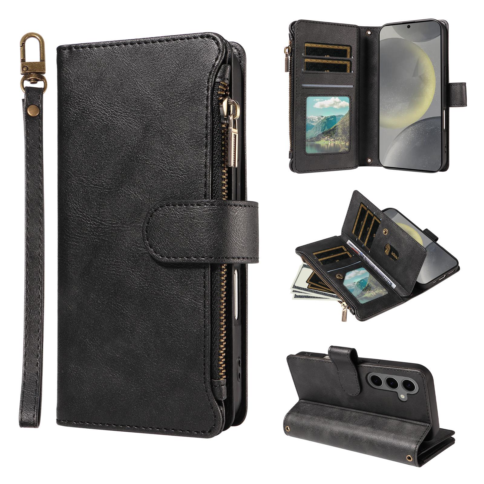 For Galaxy S25+ / S24+ 5G Imitation Calf Vegan Leather 9 Card Slots Zipper Phone Case with Wrist Strap(Black) - Shopkiz.com