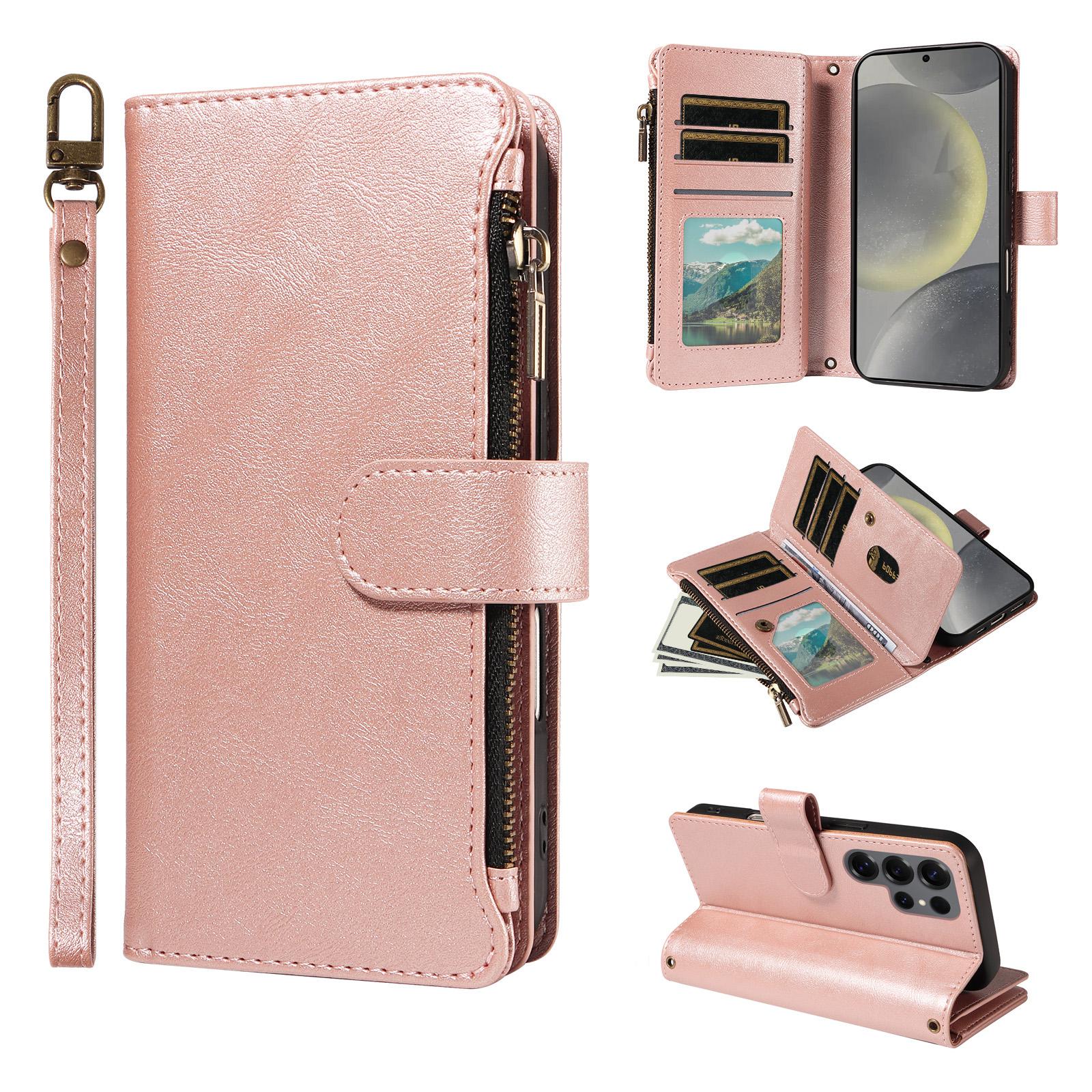 For Galaxy S25 Ultra 5G Imitation Calf Vegan Leather 9 Card Slots Zipper Phone Case with Wrist Strap(Rose Gold) - Shopkiz.com