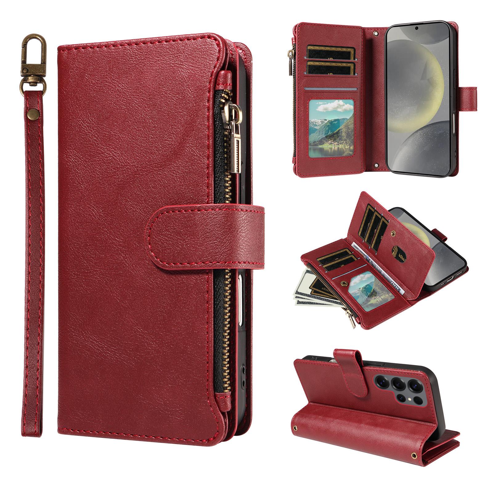 For Galaxy S25 Ultra 5G Imitation Calf Vegan Leather 9 Card Slots Zipper Phone Case with Wrist Strap(Red) - Shopkiz.com