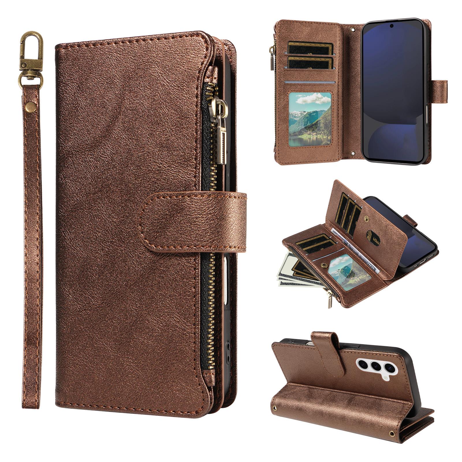 For Galaxy S24 FE 5G Imitation Calf Vegan Leather 9 Card Slots Zipper Phone Case with Wrist Strap(Bronze) - Shopkiz.com