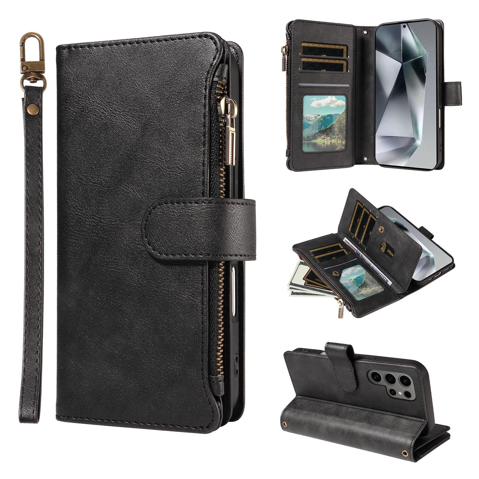 For Galaxy S24 Ultra 5G Imitation Calf Vegan Leather 9 Card Slots Zipper Phone Case with Wrist Strap(Black) - Shopkiz.com