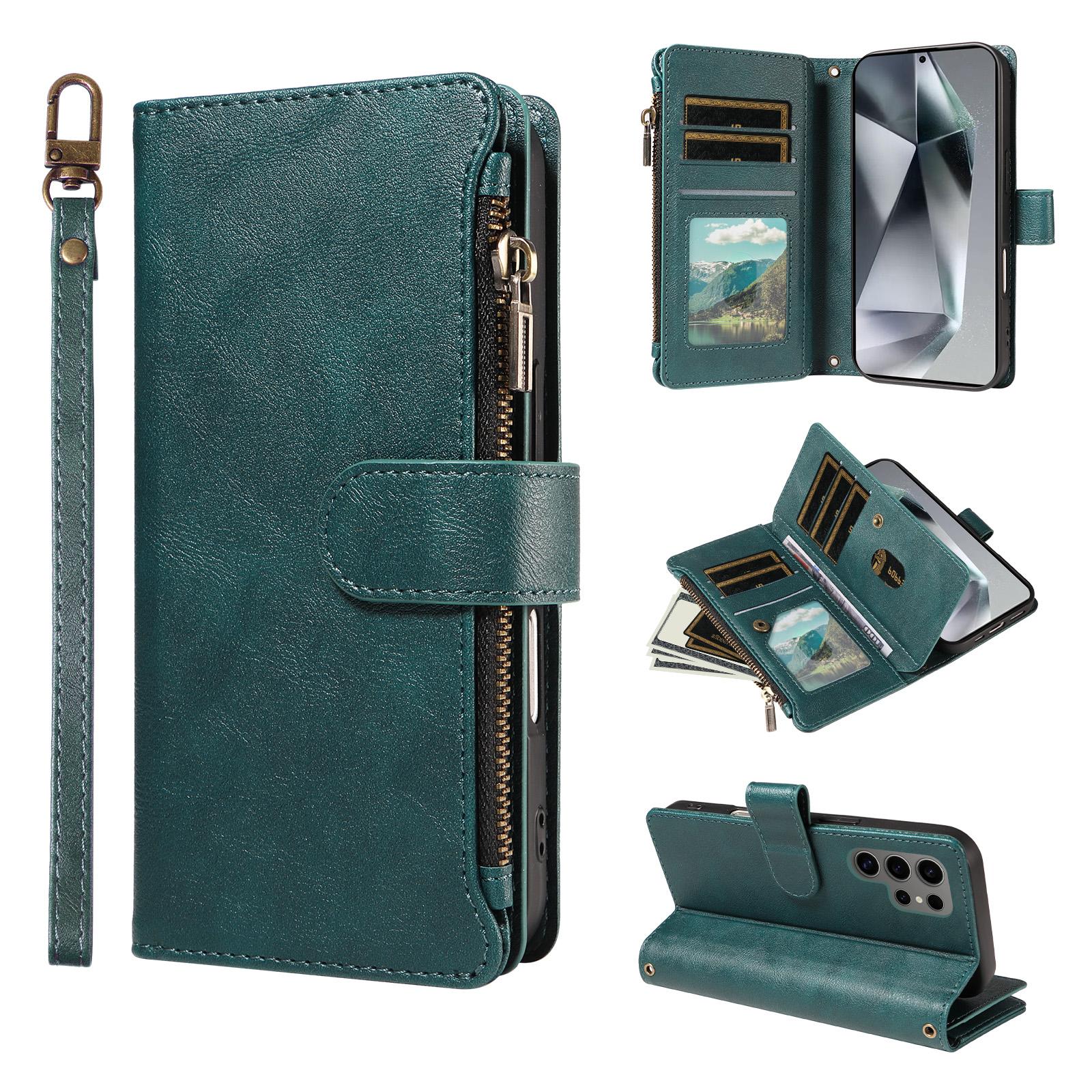 For Galaxy S24 Ultra 5G Imitation Calf Vegan Leather 9 Card Slots Zipper Phone Case with Wrist Strap(Green) - Shopkiz.com