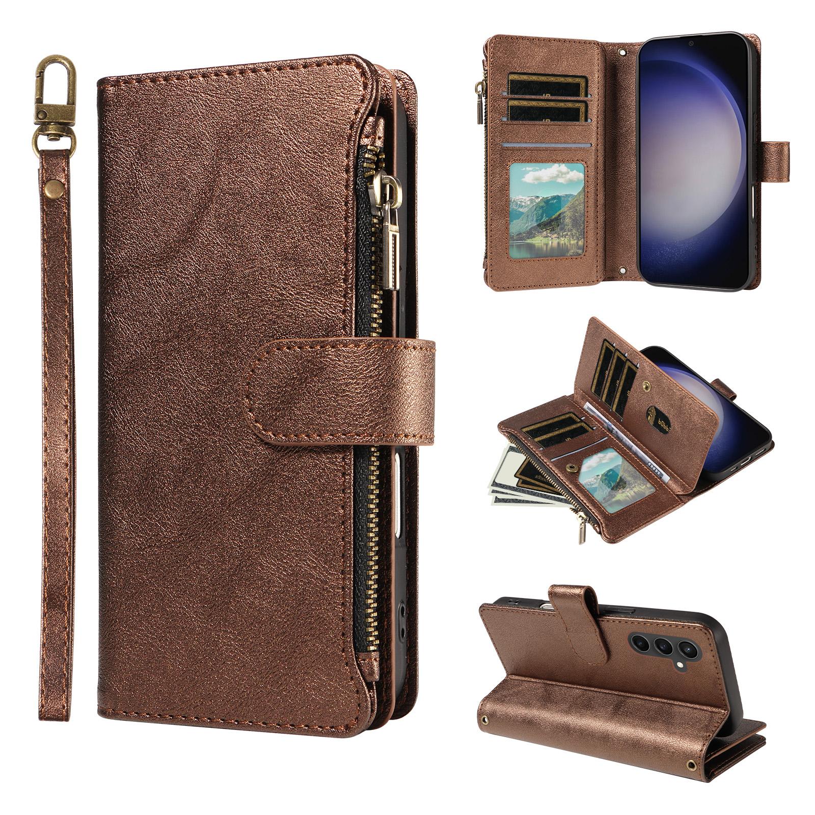 For Galaxy S23 FE 5G Imitation Calf Vegan Leather 9 Card Slots Zipper Phone Case with Wrist Strap(Bronze) - Shopkiz.com