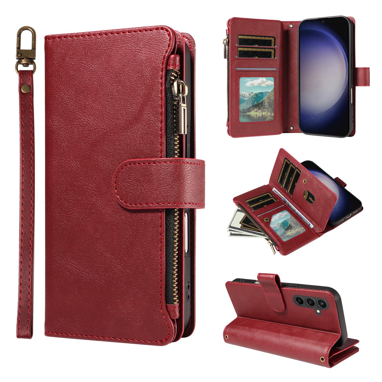 For Galaxy S23 FE 5G Imitation Calf Vegan Leather 9 Card Slots Zipper Phone Case with Wrist Strap(Red) - Shopkiz.com