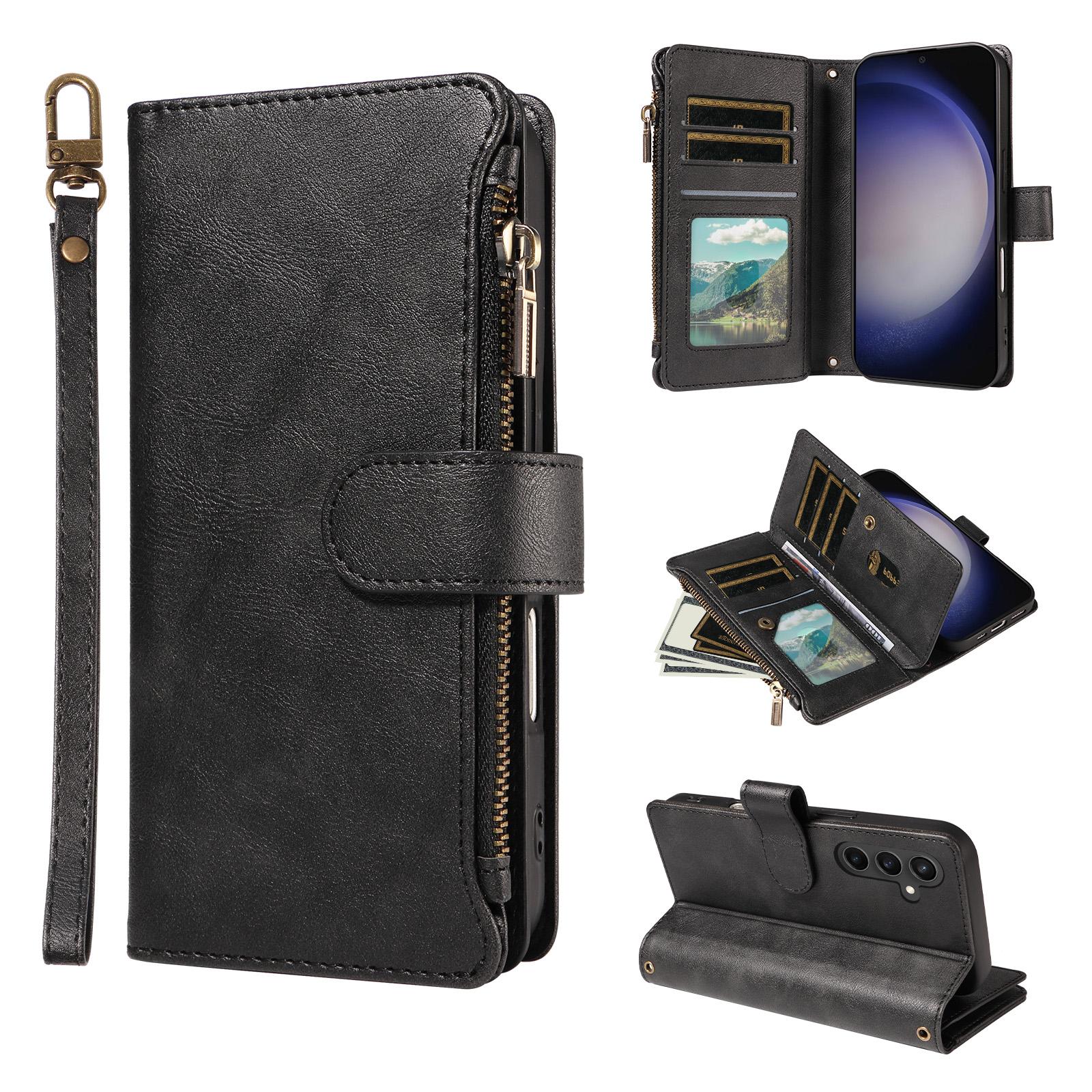 For Galaxy S23 FE 5G Imitation Calf Vegan Leather 9 Card Slots Zipper Phone Case with Wrist Strap(Black) - Shopkiz.com