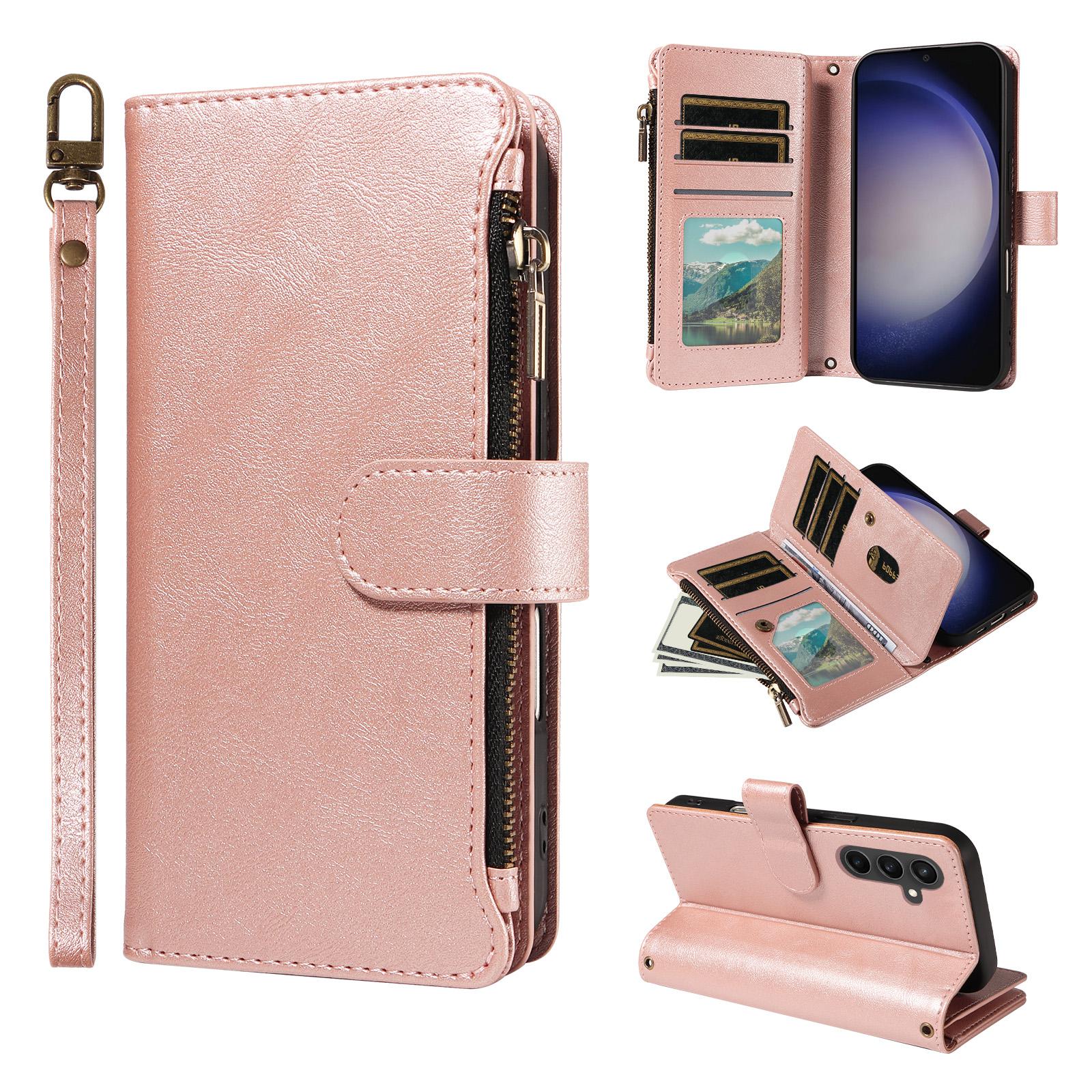 For Galaxy S23 Ultra 5G Imitation Calf Vegan Leather 9 Card Slots Zipper Phone Case with Wrist Strap(Rose Gold) - Shopkiz.com