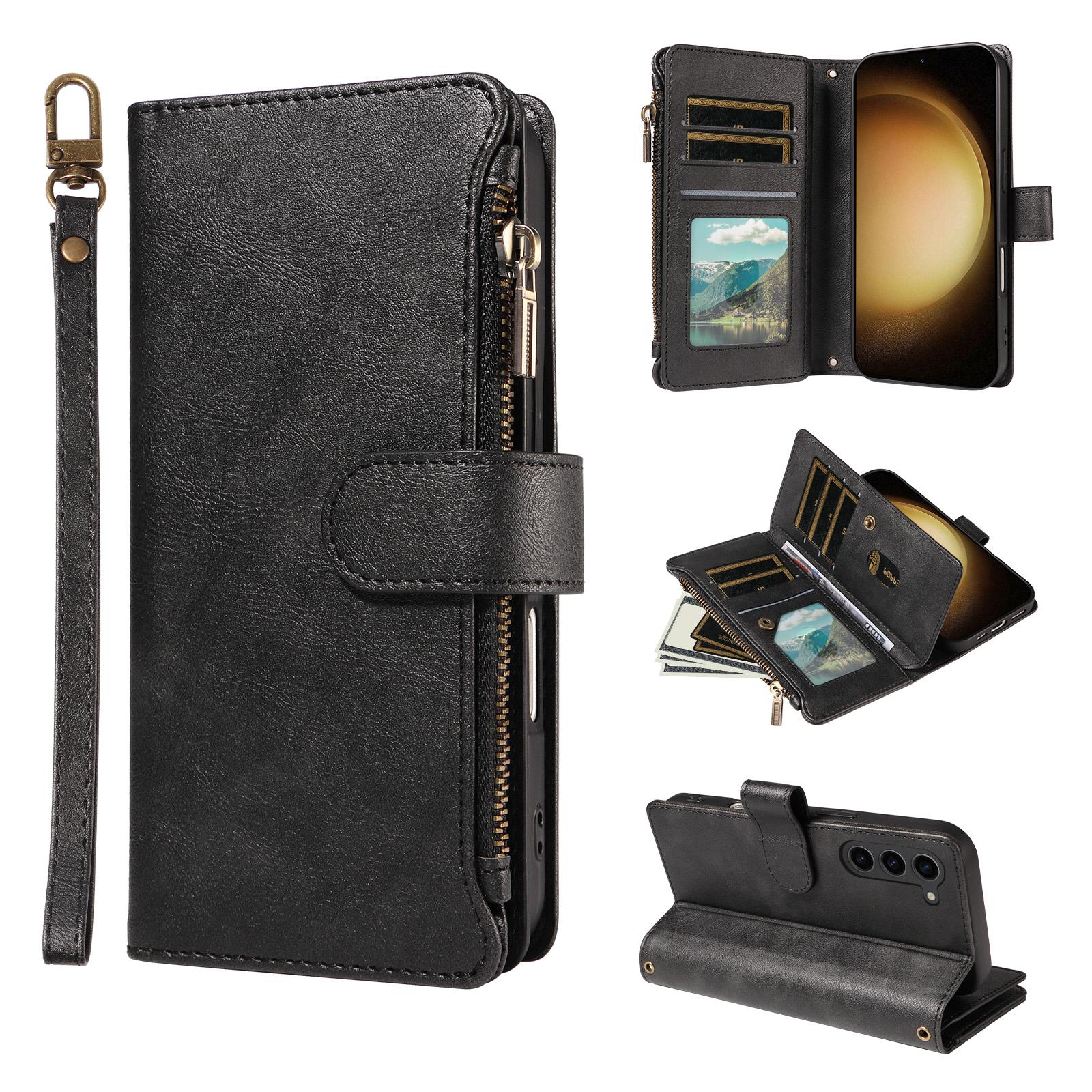 For Galaxy S23+ 5G Imitation Calf Vegan Leather 9 Card Slots Zipper Phone Case with Wrist Strap(Black) - Shopkiz.com