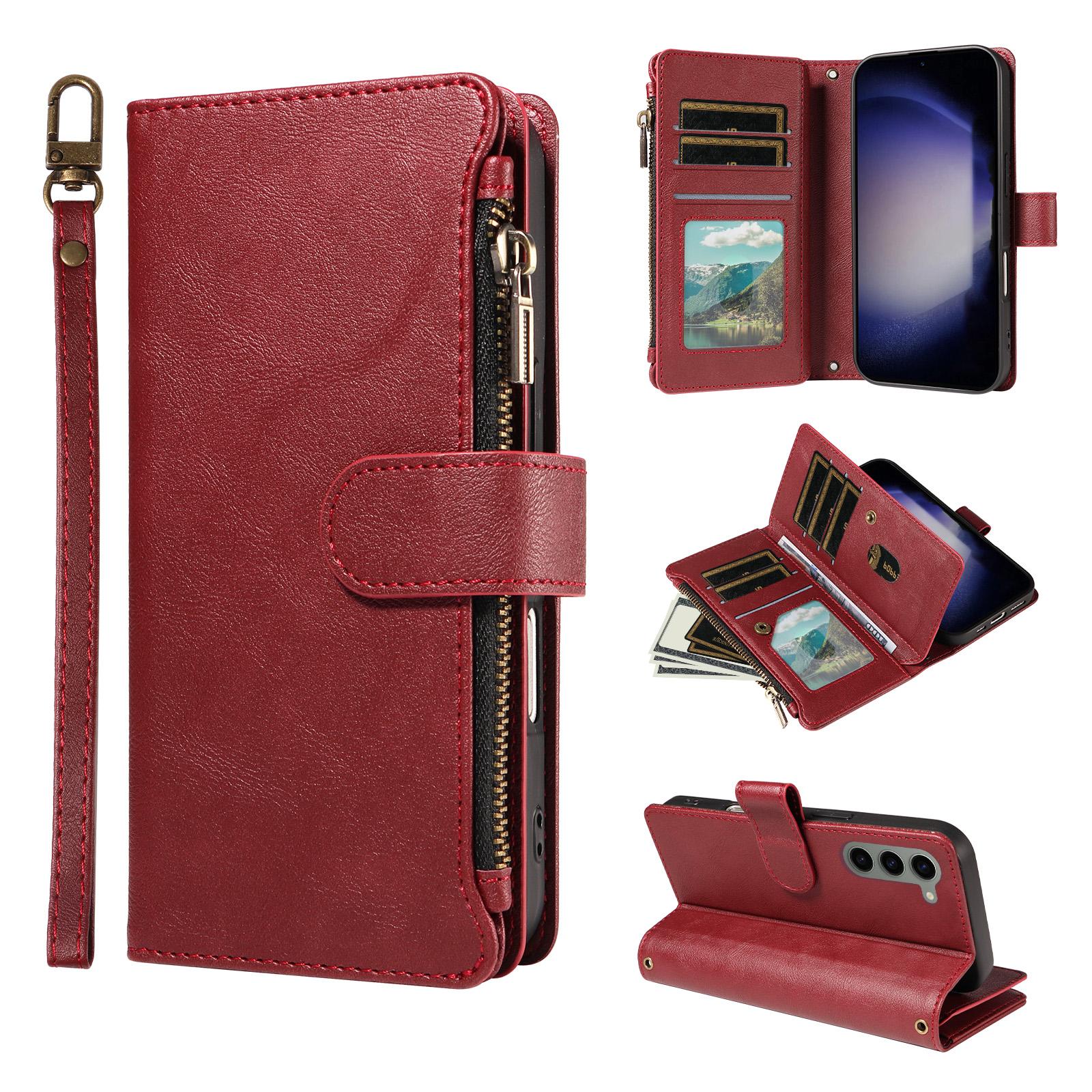 For Galaxy S23 5G Imitation Calf Vegan Leather 9 Card Slots Zipper Phone Case with Wrist Strap(Red) - Shopkiz.com