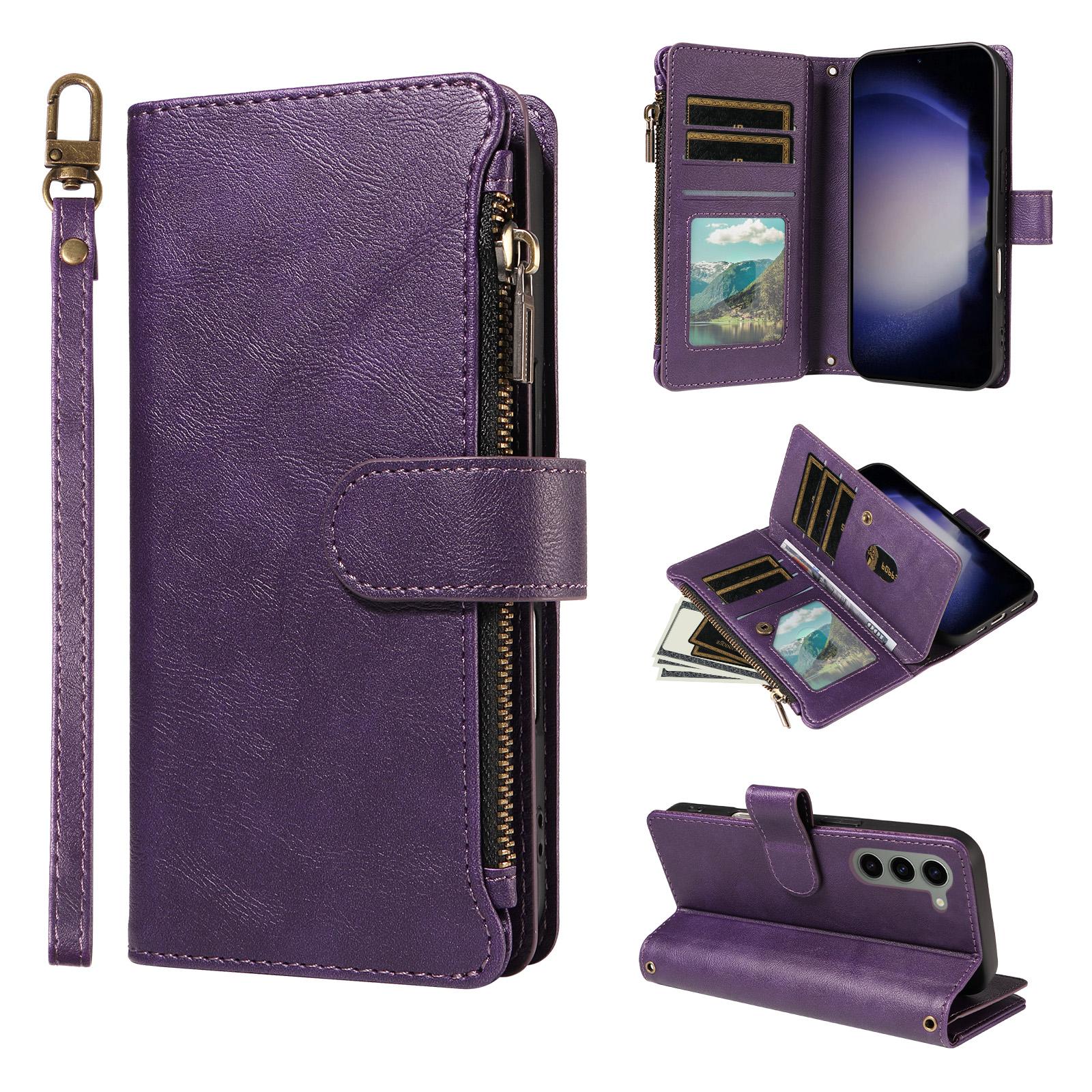 For Galaxy S23 5G Imitation Calf Vegan Leather 9 Card Slots Zipper Phone Case with Wrist Strap(Purple) - Shopkiz.com