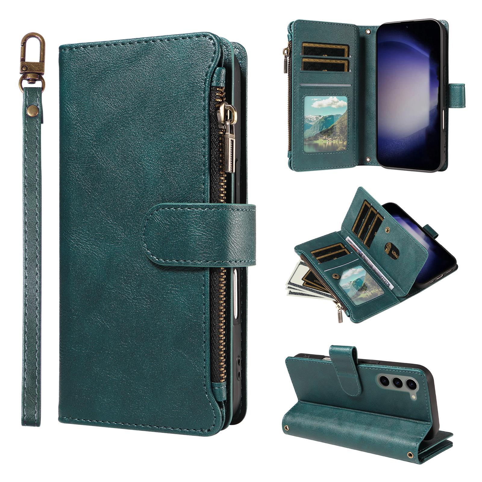 For Galaxy S23 5G Imitation Calf Vegan Leather 9 Card Slots Zipper Phone Case with Wrist Strap(Green) - Shopkiz.com