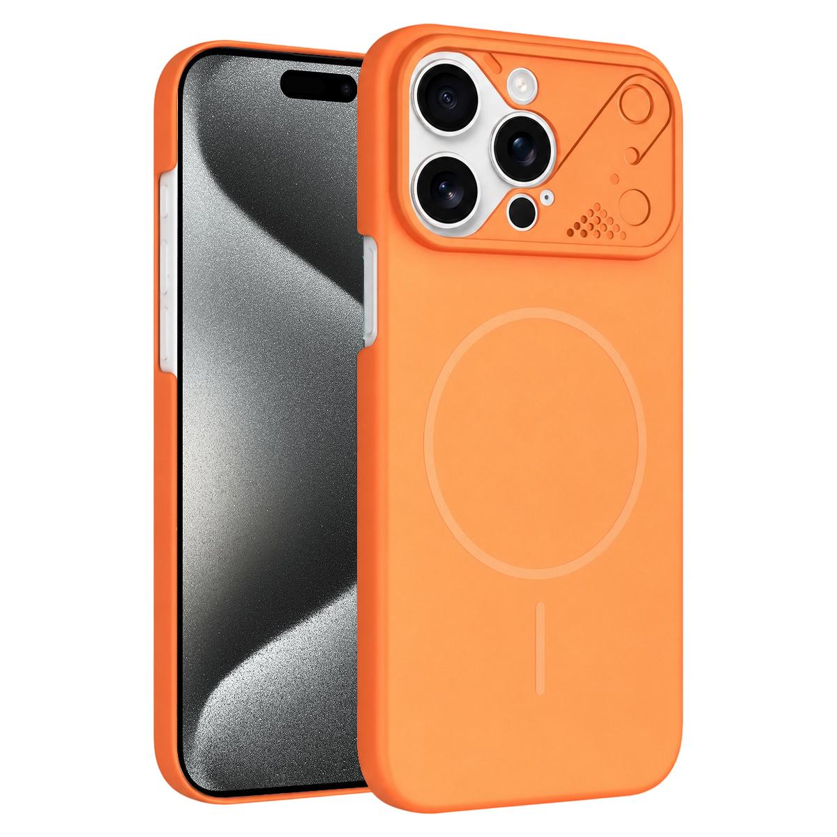 For iPhone 15 Pro Max Ultra-thin Gold Armor PC Magnetic Phone Case(Orange) - Shopkiz.com