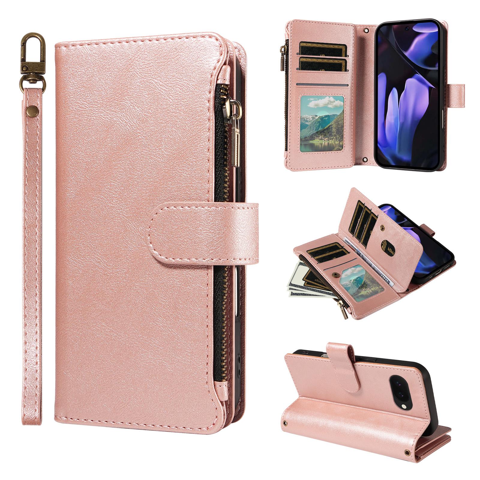 For Google Pixel 9a Imitation Calf Vegan Leather 9 Card Slots Zipper Phone Case with Wrist Strap(Rose Gold) - Shopkiz.com