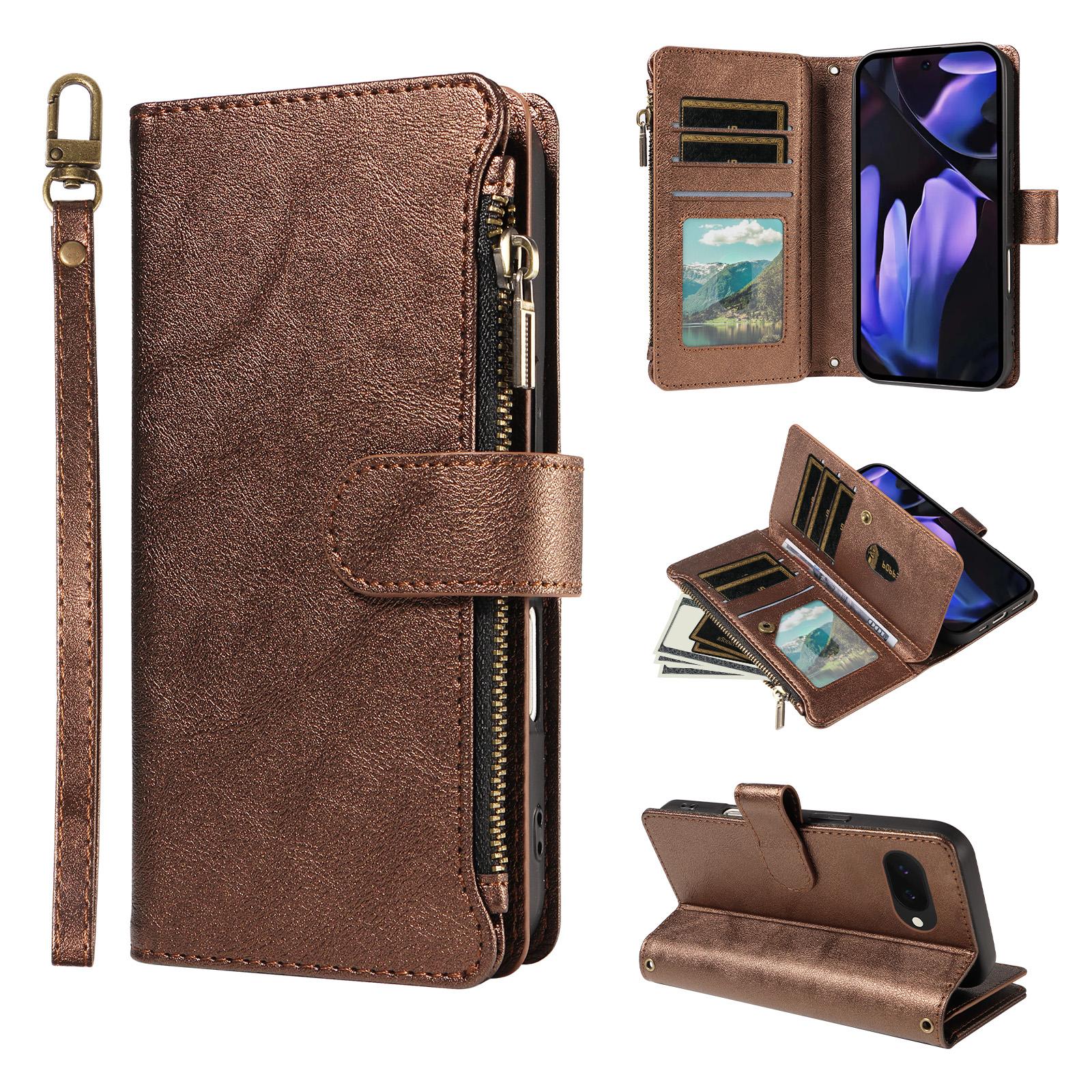 For Google Pixel 9a Imitation Calf Vegan Leather 9 Card Slots Zipper Phone Case with Wrist Strap(Bronze) - Shopkiz.com