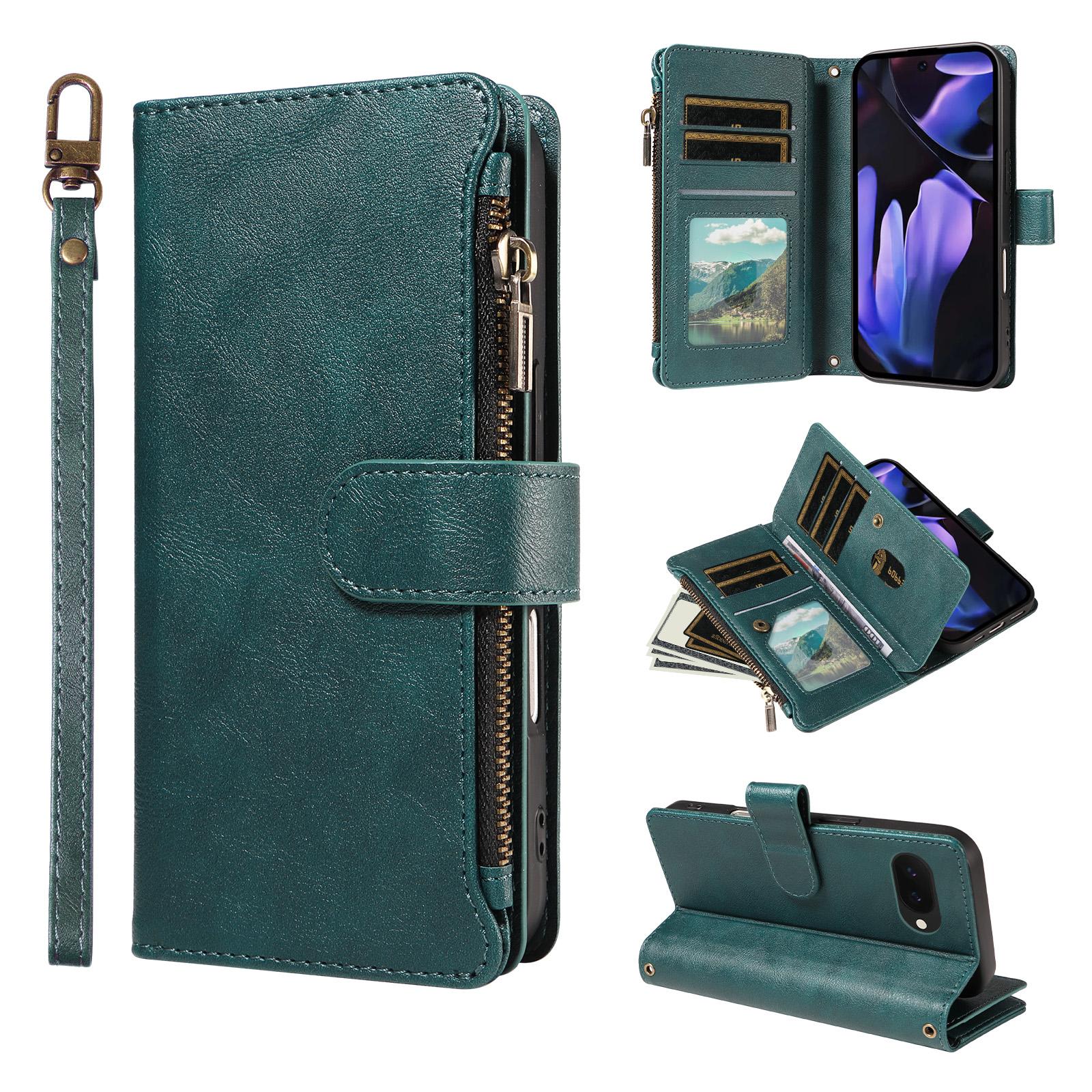 For Google Pixel 9a Imitation Calf Vegan Leather 9 Card Slots Zipper Phone Case with Wrist Strap(Green) - Shopkiz.com