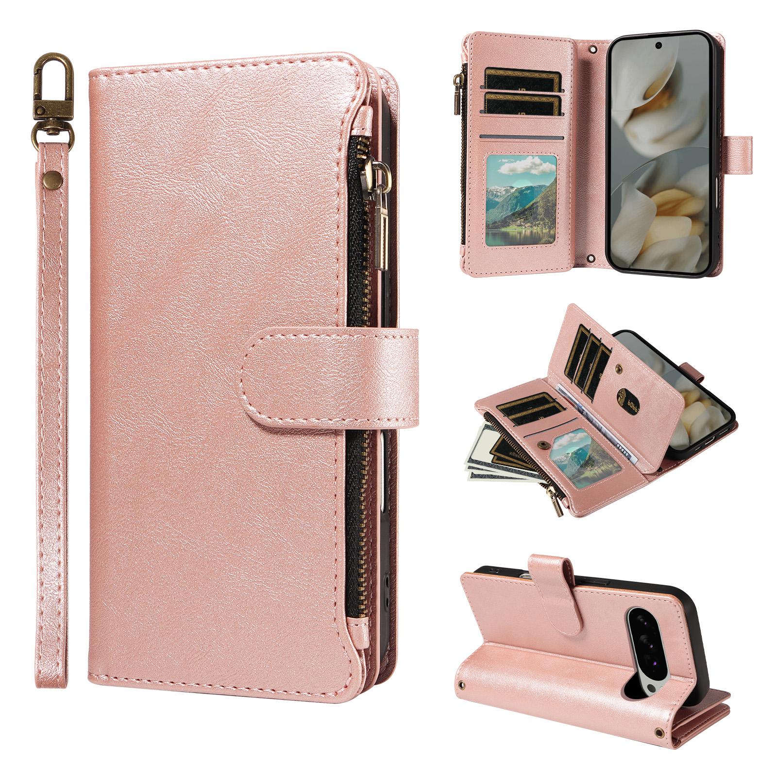 For Google Pixel 10 Pro XL / 9 Pro XL Imitation Calf Vegan Leather 9 Card Slots Zipper Phone Case with Wrist Strap(Rose Gold) - Shopkiz.com