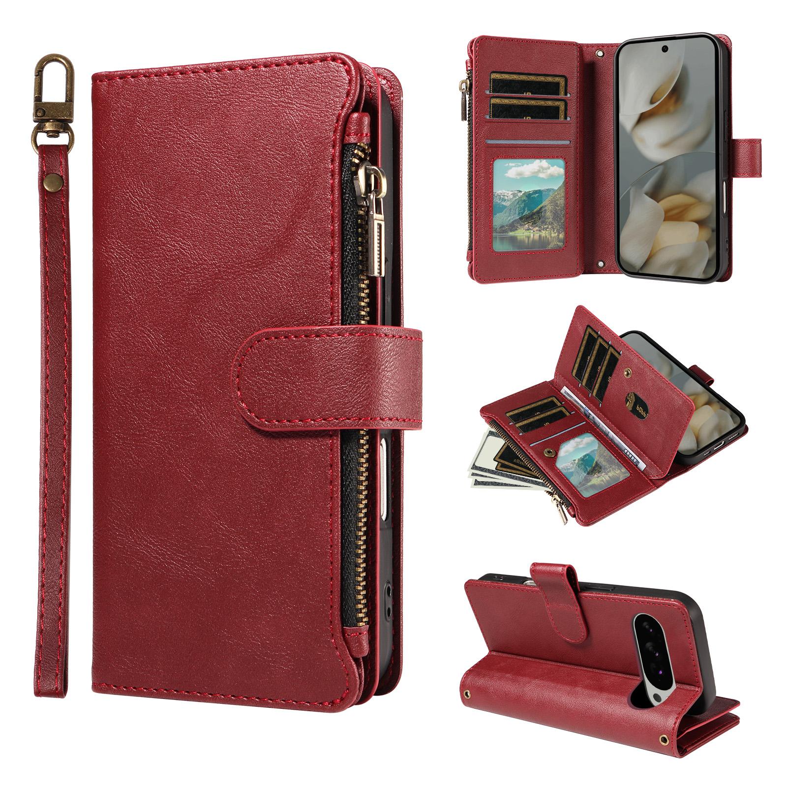For Google Pixel 10 Pro XL / 9 Pro XL Imitation Calf Vegan Leather 9 Card Slots Zipper Phone Case with Wrist Strap(Red) - Shopkiz.com