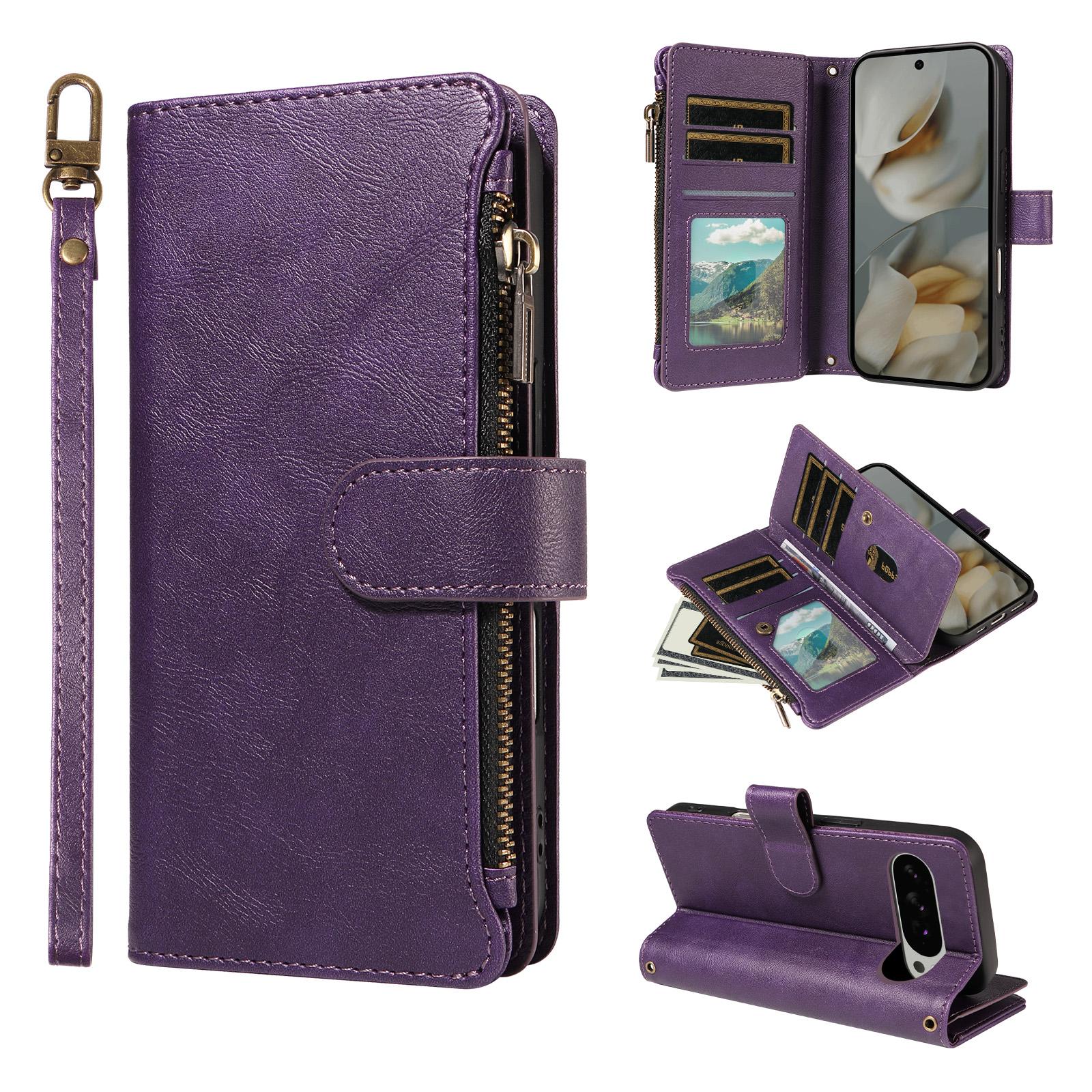 For Google Pixel 10 Pro XL / 9 Pro XL Imitation Calf Vegan Leather 9 Card Slots Zipper Phone Case with Wrist Strap(Purple) - Shopkiz.com