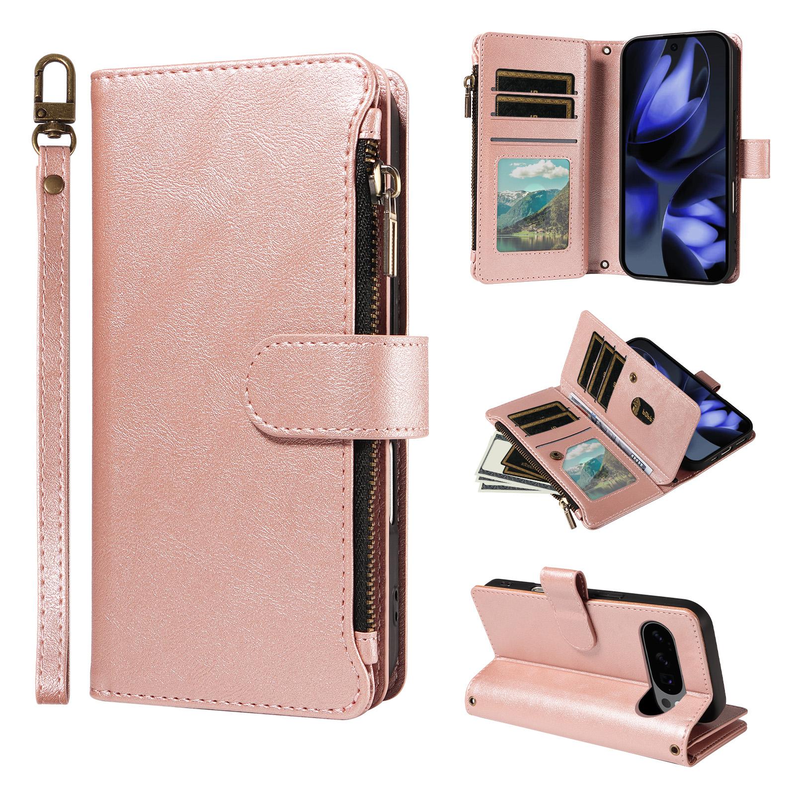 For Google Pixel 10 / 10 Pro / 9 / 9 Pro Imitation Calf Vegan Leather 9 Card Slots Zipper Phone Case with Wrist Strap(Rose Gold) - Shopkiz.com