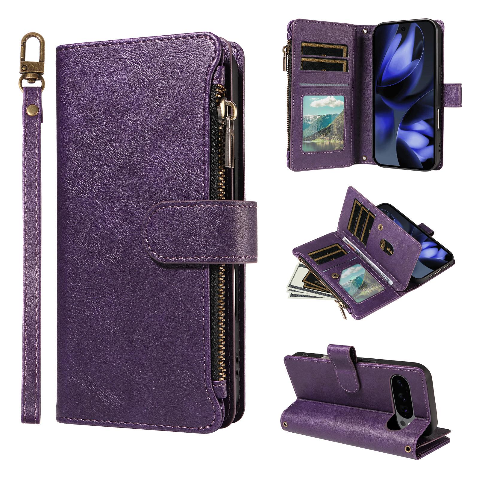 For Google Pixel 10 / 10 Pro / 9 / 9 Pro Imitation Calf Vegan Leather 9 Card Slots Zipper Phone Case with Wrist Strap(Purple) - Shopkiz.com