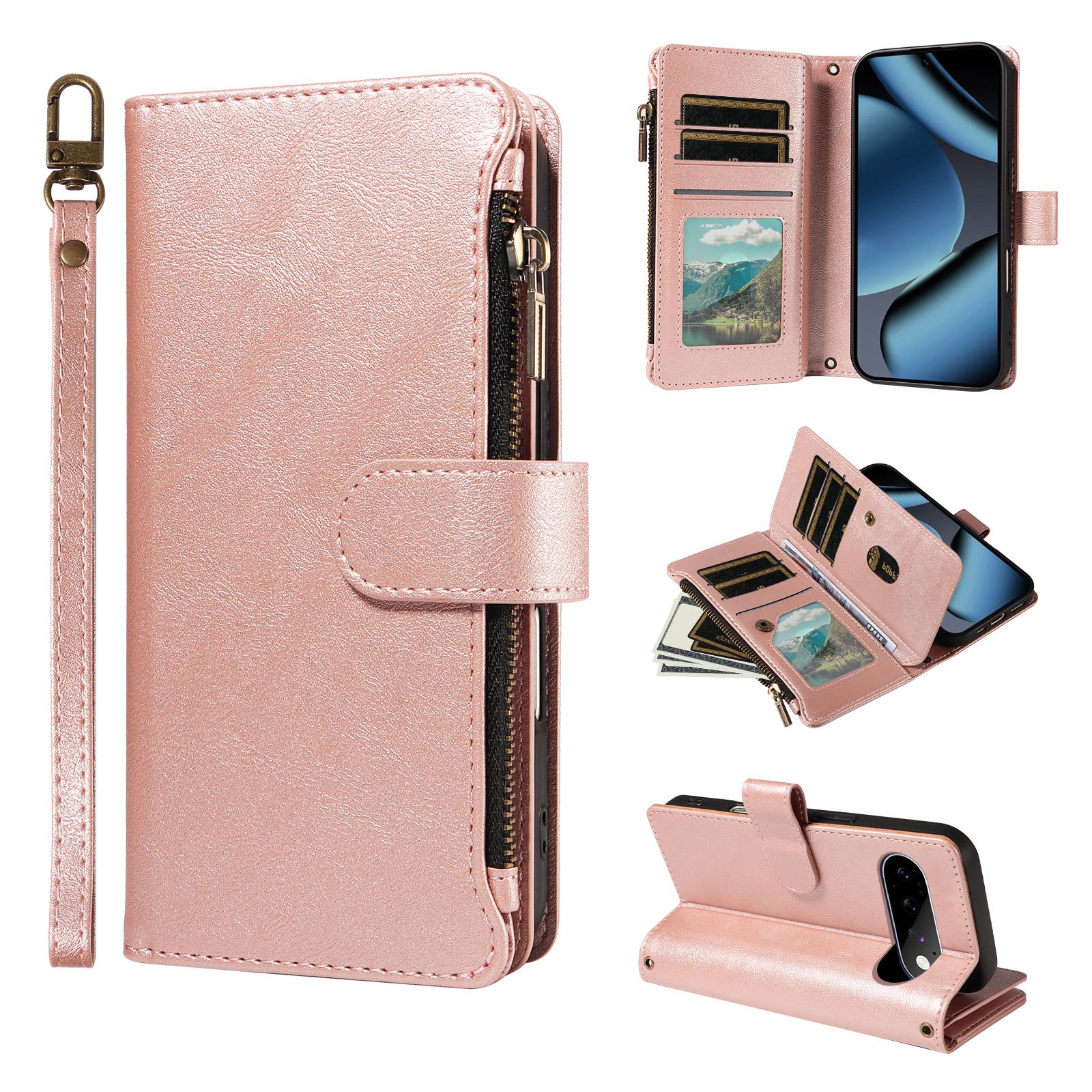 For Google Pixel 11 Pro Imitation Calf Vegan Leather 9 Card Slots Zipper Phone Case with Wrist Strap(Rose Gold) - Shopkiz.com