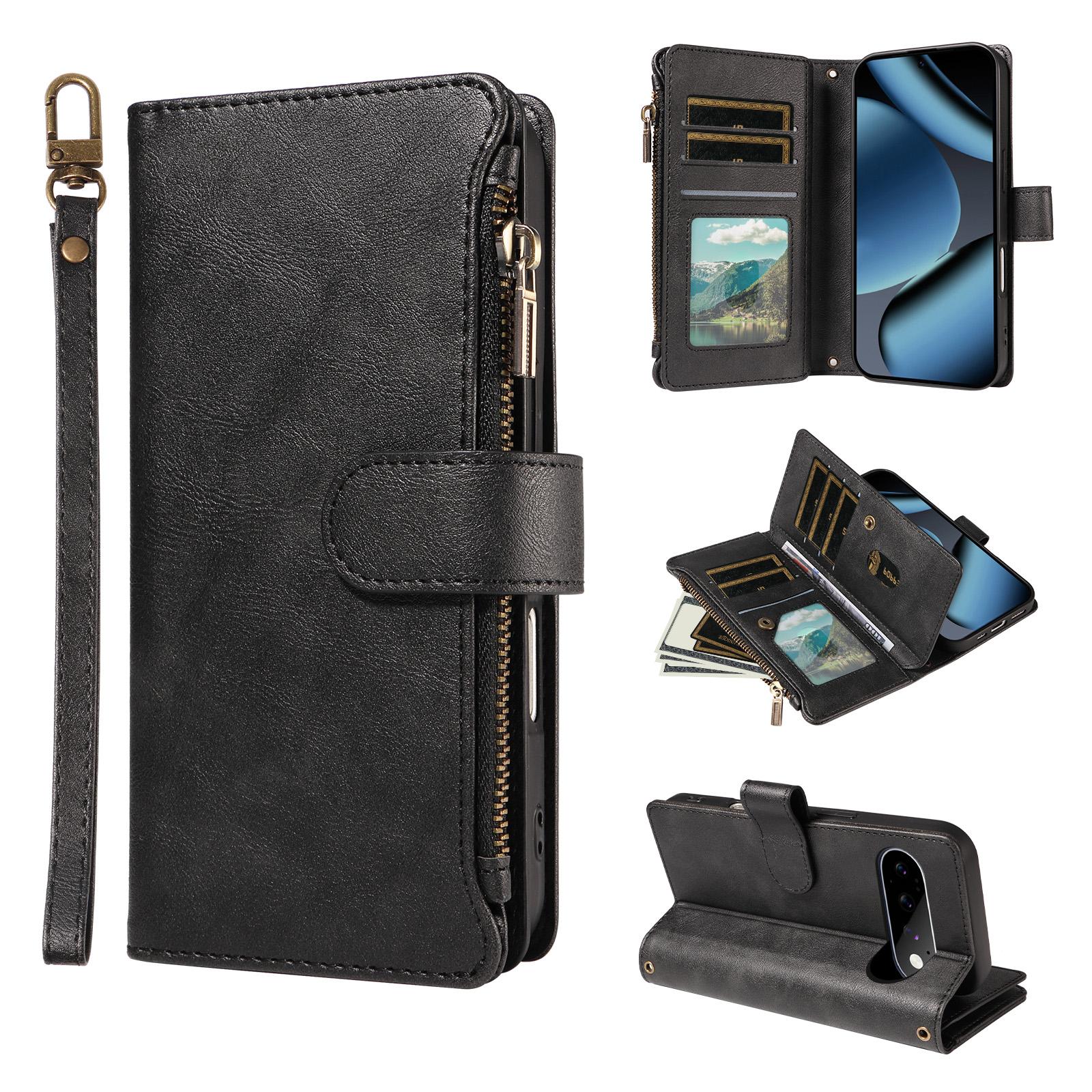 For Google Pixel 11 Pro Imitation Calf Vegan Leather 9 Card Slots Zipper Phone Case with Wrist Strap(Black) - Shopkiz.com