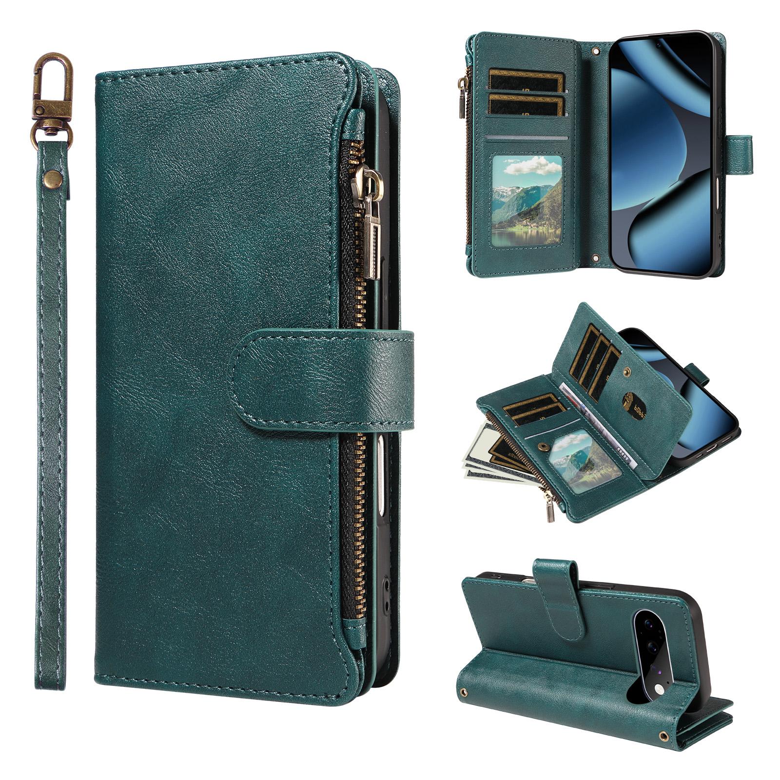 For Google Pixel 11 Pro Imitation Calf Vegan Leather 9 Card Slots Zipper Phone Case with Wrist Strap(Green) - Shopkiz.com