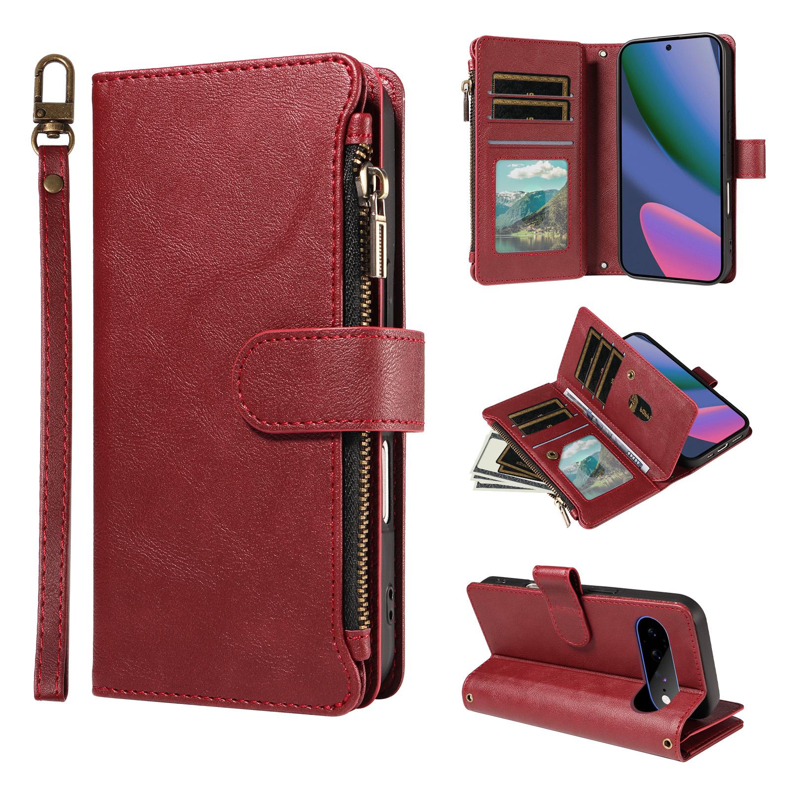 For Google Pixel 11 Pro XL Imitation Calf Vegan Leather 9 Card Slots Zipper Phone Case with Wrist Strap(Red) - Shopkiz.com