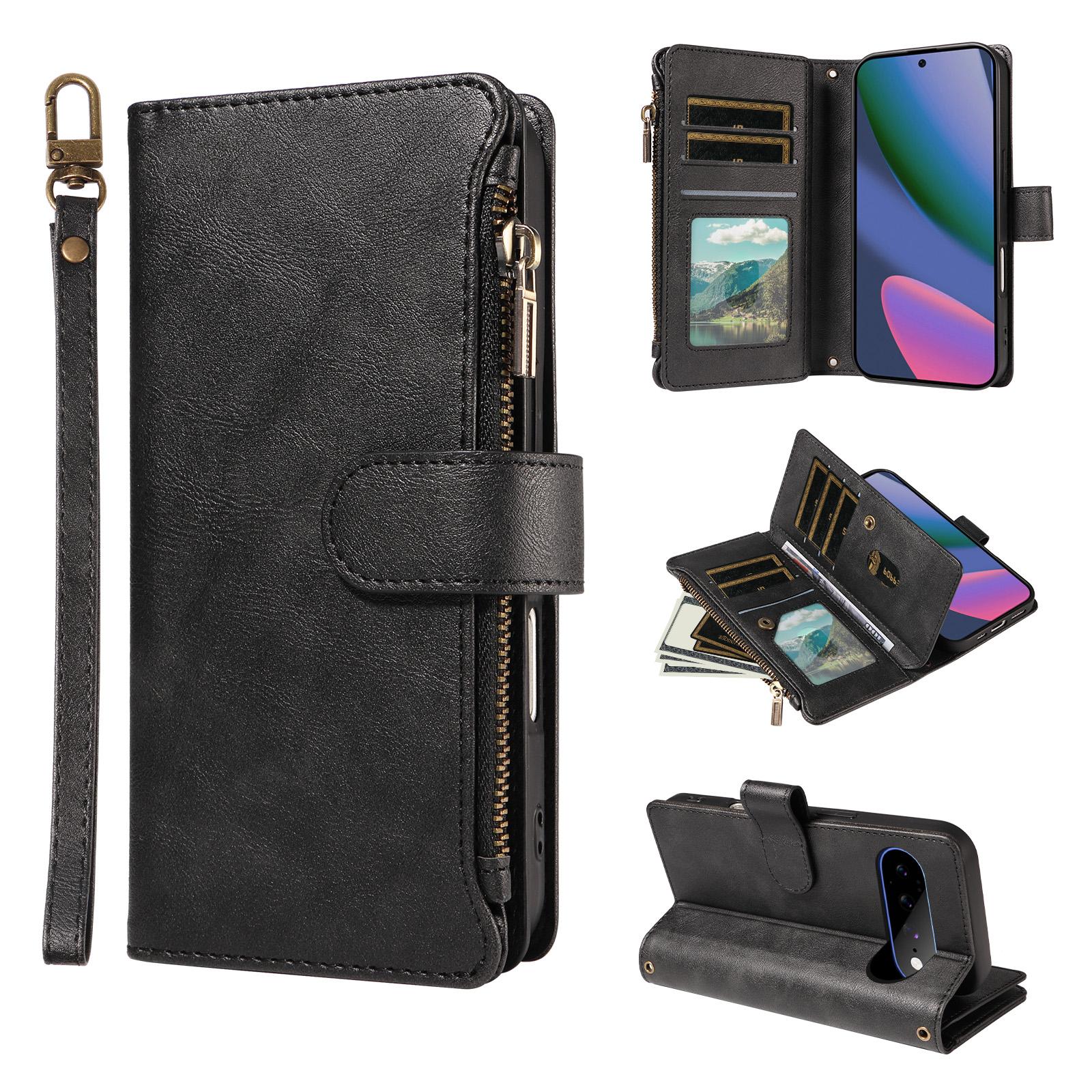 For Google Pixel 11 Pro XL Imitation Calf Vegan Leather 9 Card Slots Zipper Phone Case with Wrist Strap(Black) - Shopkiz.com